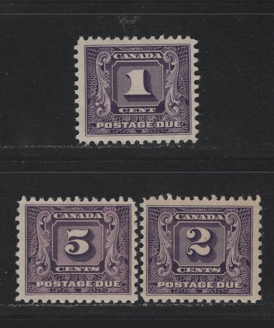 Lot 91 Canada #J6-J7, J9i 1c - 5c Bluish Violet - Reddish Violet, 1930-1932 2nd Postage Dues, 3 FNH Singles, BABN-GG (1c) & BABN-D (2c & 5c) Papers