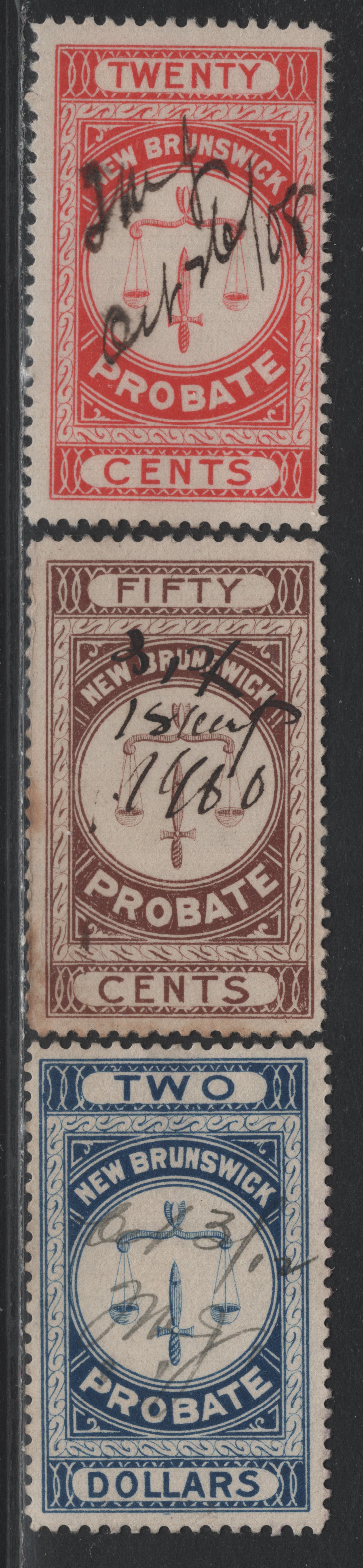 Lot 19 Canada - New Brunswick Van Dam#NBP2-NBP4 20c - $2 Vermillion - Blue, 1895-1915 First Probate Issue, 3 Very Good/Fine Used Singles, $2 Has A Lateral Tear, 50c Has Toning