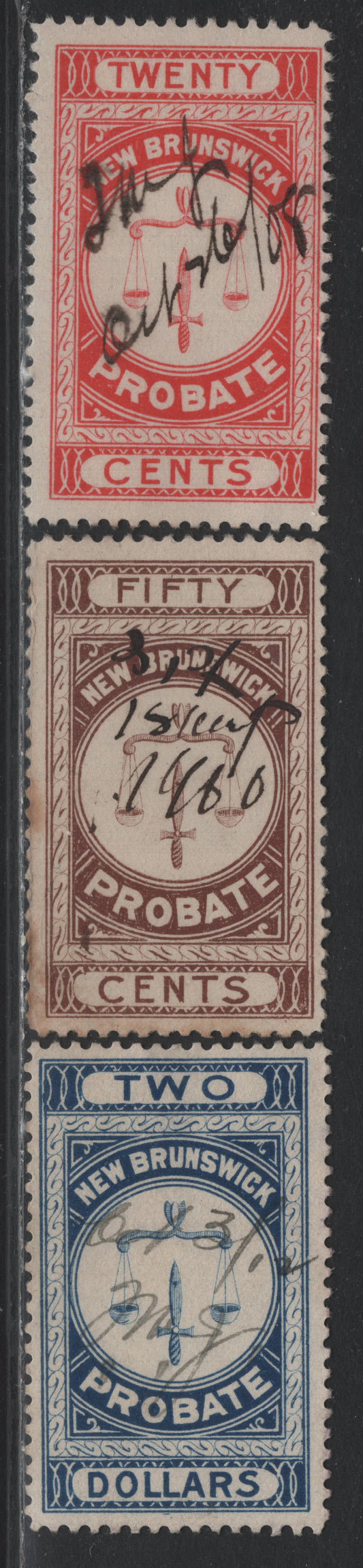 Lot 19 Canada - New Brunswick Van Dam#NBP2-NBP4 20c - $2 Vermillion - Blue, 1895-1915 First Probate Issue, 3 Very Good/Fine Used Singles, $2 Has A Lateral Tear, 50c Has Toning