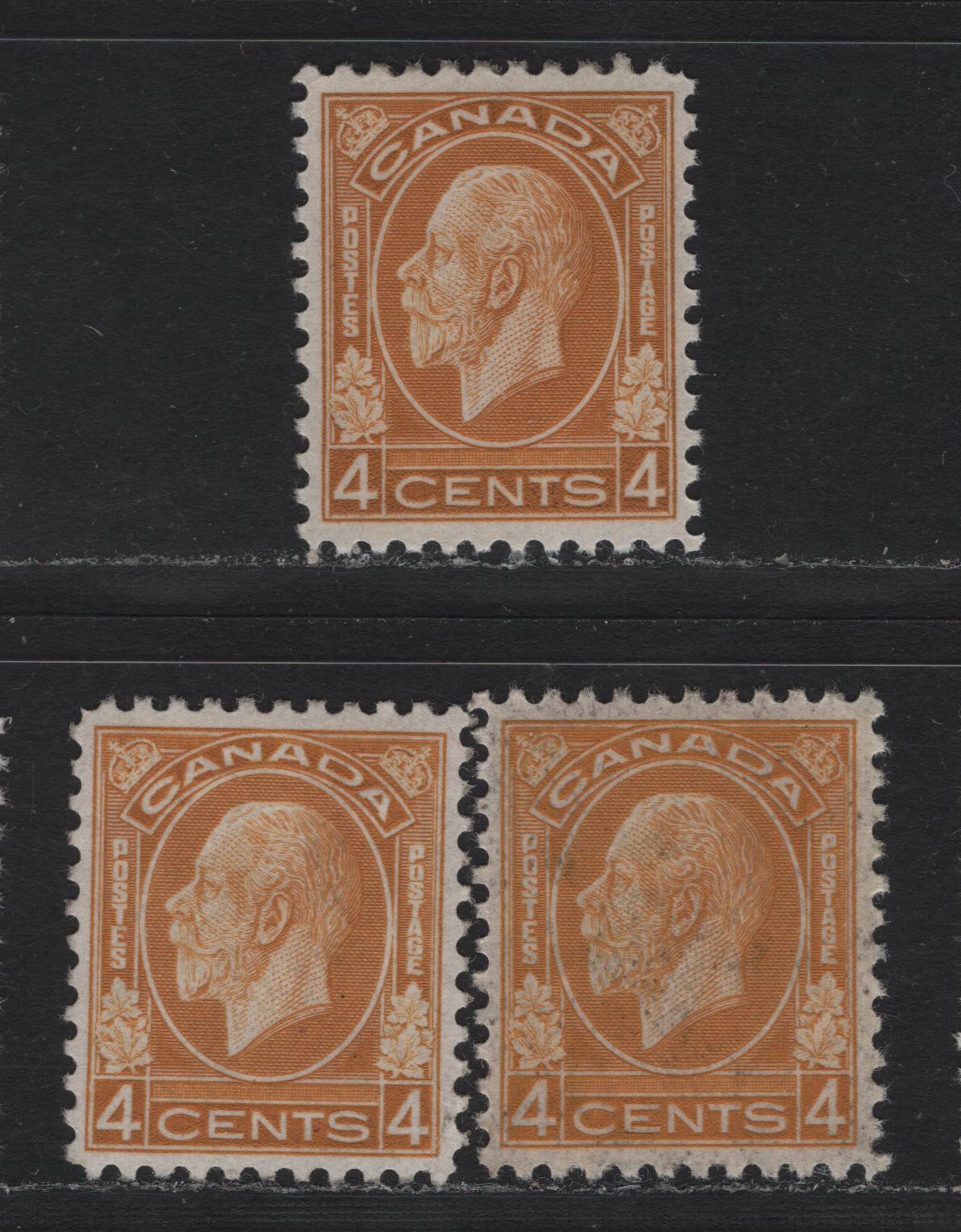 Lot 198 Canada #198 4c Yellow Ochre & Ochre, 1932 KGV Medallion Issue, 3 VFOG Singles, BABN-VV & BABN-B Papers, Perfs 10.9 & 10.8, The Yellow Ochre On BABN-UU Has Only A Trace Of Gum.