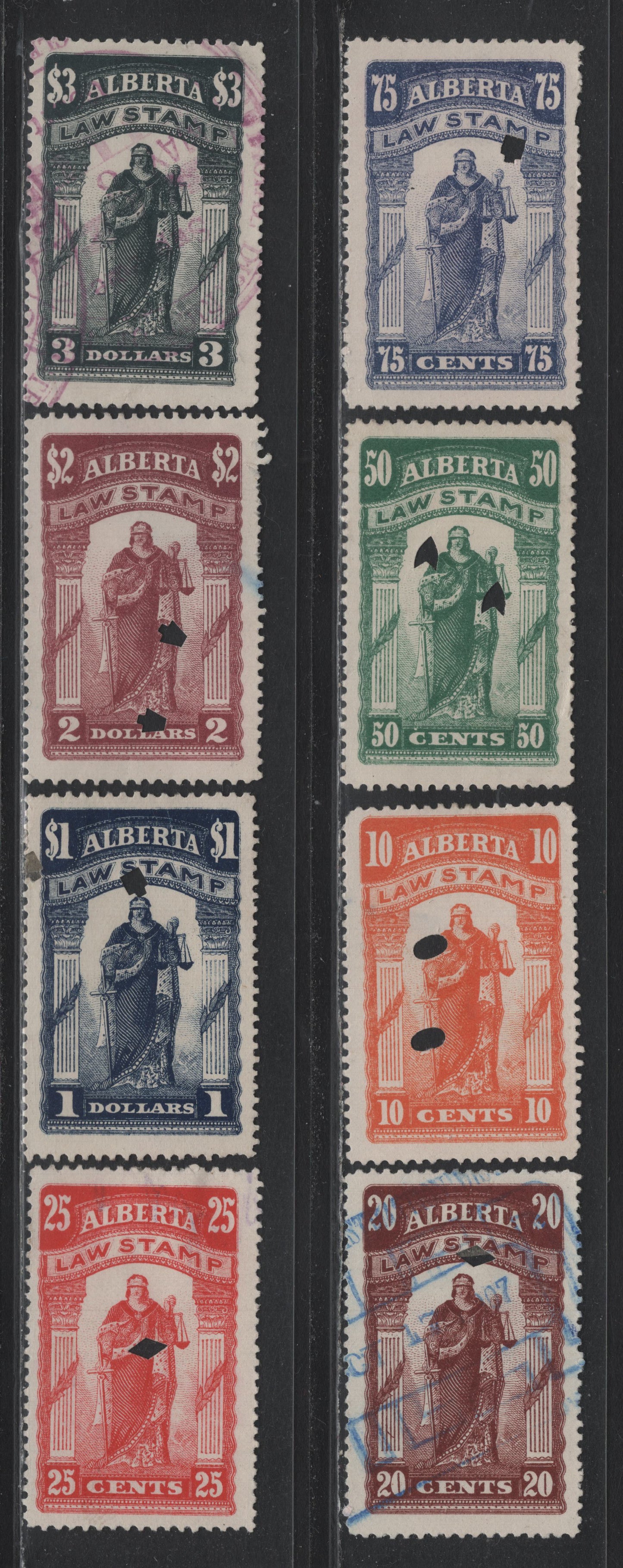 Lot 2 Canada - Alberta Van Dam#AL18-AL25 10c - $3 Orange - Greenish Black, 1907-1910 Justice Standing Legal Issue, 8 Fine/Very Fine Used Singles, Province Of Alberta