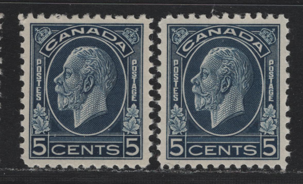 Lot 203 Canada #199 5c Deep Dull Blue, 1932 KGV Medallion Issue, 2 VFOG Singles, BABN-XX Paper, Perfs 10.7x10.8 & 10.8