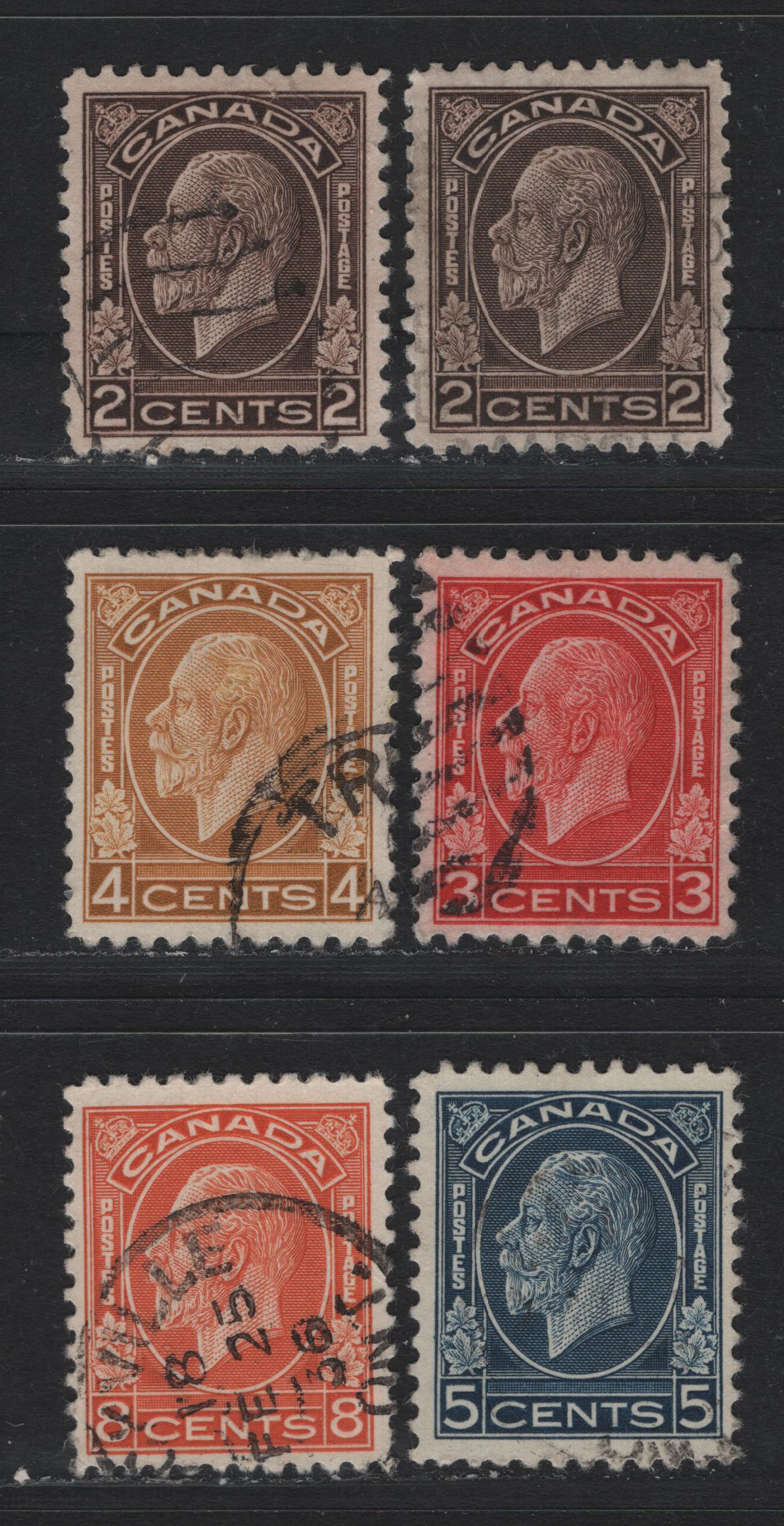 Lot 207 Canada #196, 197c, 198-200 2c - 8c Black Brown - Dull Red Orange, 1932 KGV Medallion Issue, 6 Very Fine Used Singles, 3c Scarlet Die 2, Unchecked As To Papers