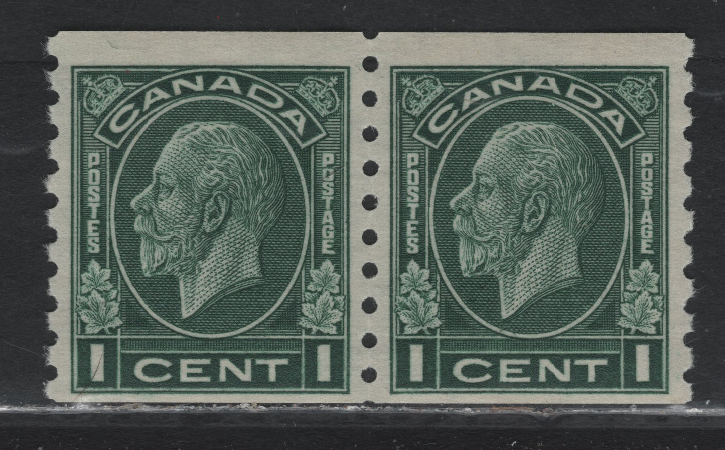 Lot 217 Canada (C) #205 1c Myrtle Green, 1933 KGV Medallion Coil Issue, A FNH Coil Pair, BABN-NNN Paper, 2.5mm Between Stamp Impressions