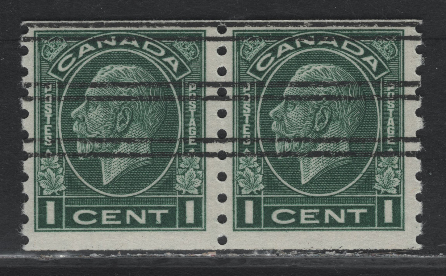 Lot 218 Canada (C) #205xx 1c Myrtle Green, 1933 KGV Medallion Coil Issue, A FNH Coil Pair, BABN-NNN Paper, Precancelled Style W, 3mm Between Stamp Impressions.