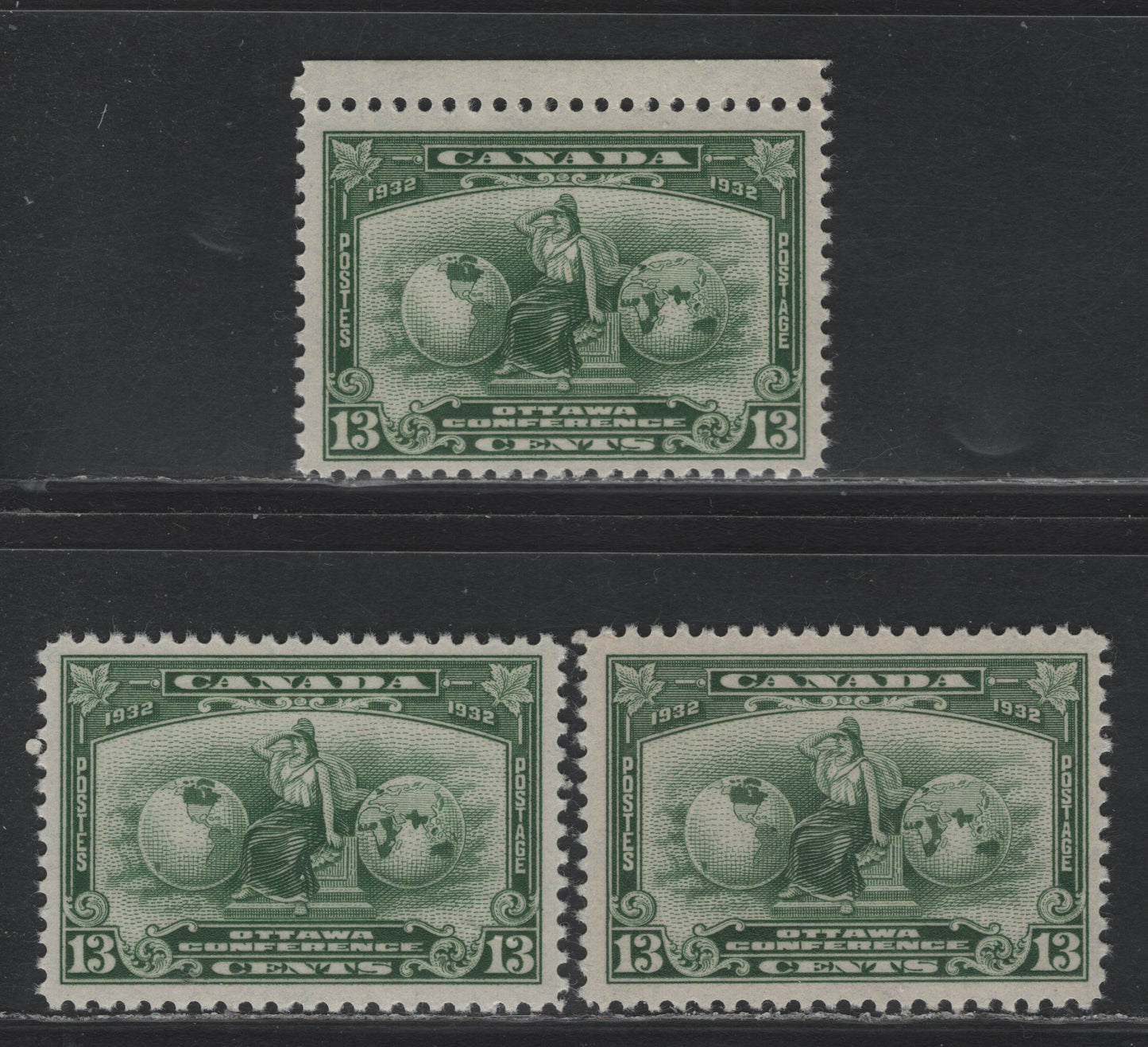 Lot 230 Canada (C) #194 13c Dull Green - Deep Yellowish Green, 1932 Imperial Economic Conference Issue, 3 VFNH Singles, BABN-RR Paper, Perfs 10.8 & 10.9x10.8