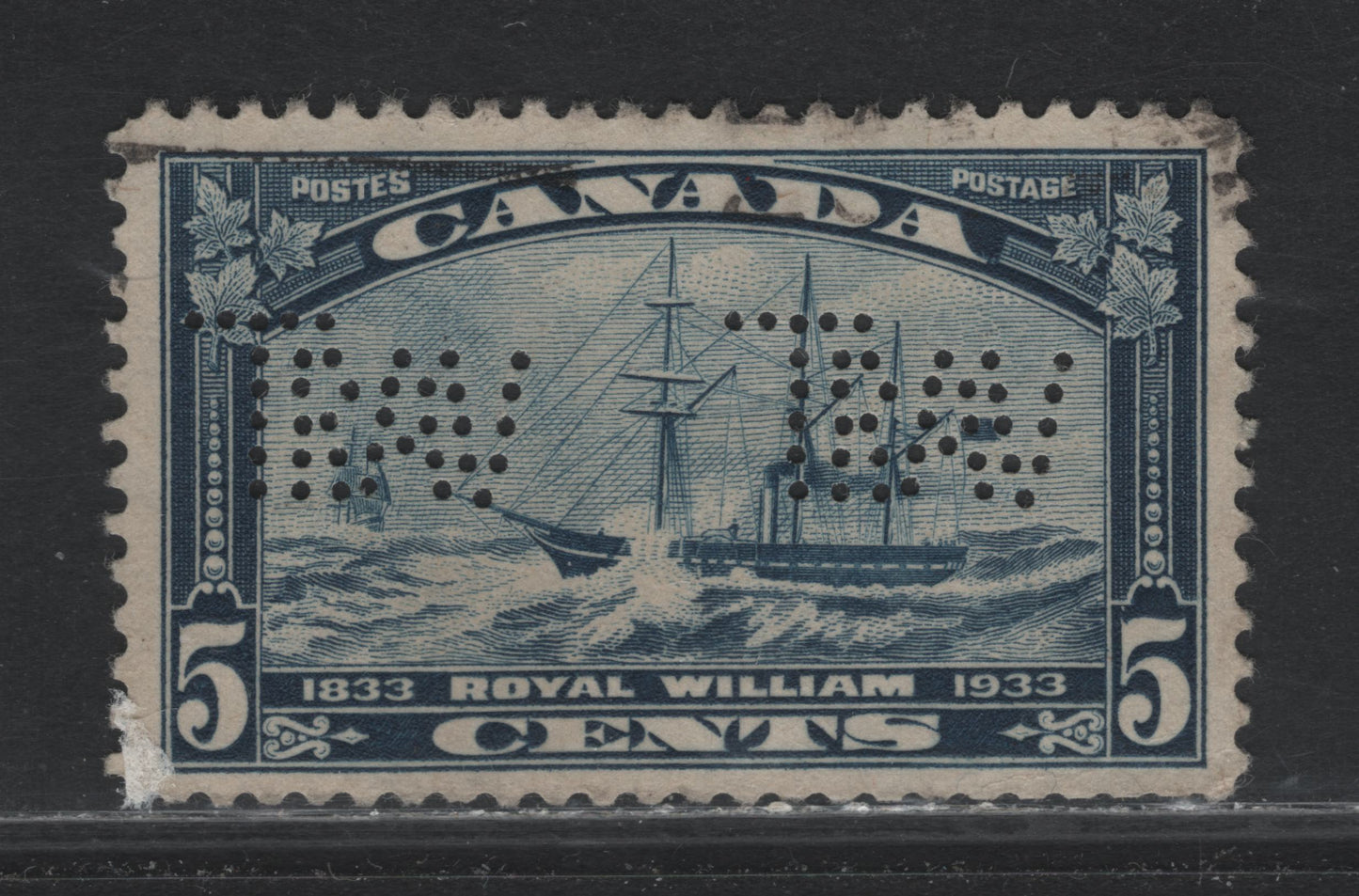 Lot 236 Canada #204var 5c Dull Blue, 1933 Royal William Issue, A Fine Used Single, BABN-D Paper, Perf 10.9x10.8, Montreal Traveller's Insurance Perfin (Pos. 1, Type T12) & A Few Short Perfs At LR, But Well Centered & Face Free Cancel.