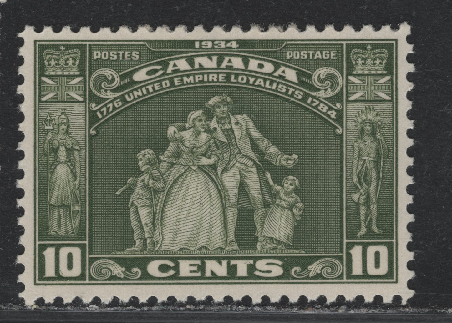 Lot 239 Canada #209 10c Olive Green, 1934 Loyalists Issue, A VFOG Single, BABN-BBB Paper, Perf 10.8, Showing Small Arc In Left '0', This May Be A Constant Variety, Though It Is Not Likely To Be.