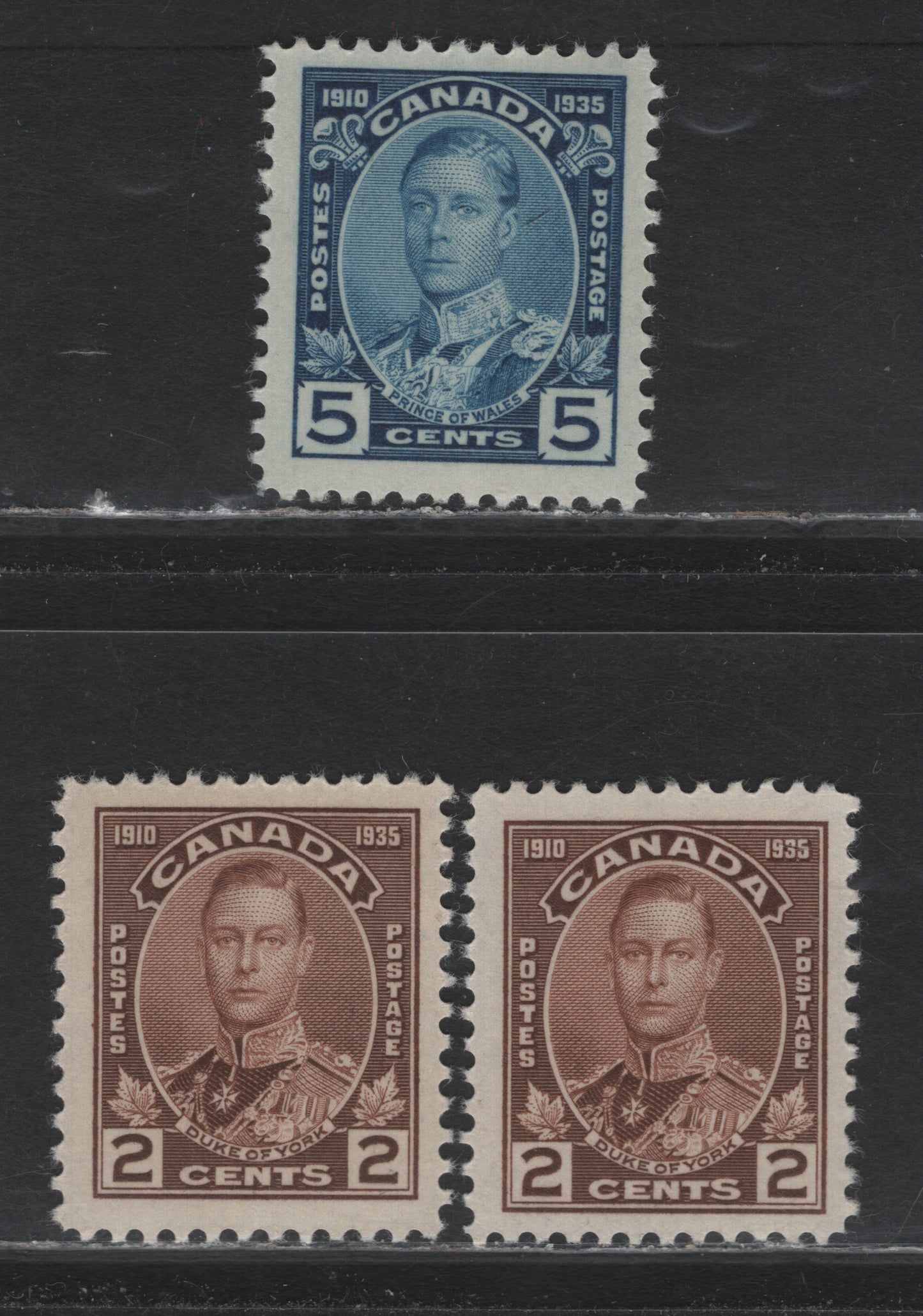 Lot 245 Canada #212, 214 2c - 5c Brown - Blue, 1935 KGV Silver Jubilee Issue, 3 VFNH Singles, CBN-F & CBN-MMMM Papers, Perfs 11.9x12 & 11.9