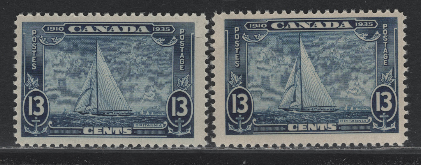 Lot 253 Canada (C) #216 13c Dark Blue, 1935 KGV Silver Jubilee Issue, 2 FNH LL Single, CBN-DDDDDD Paper, Perfs 12 & 12x11.8
