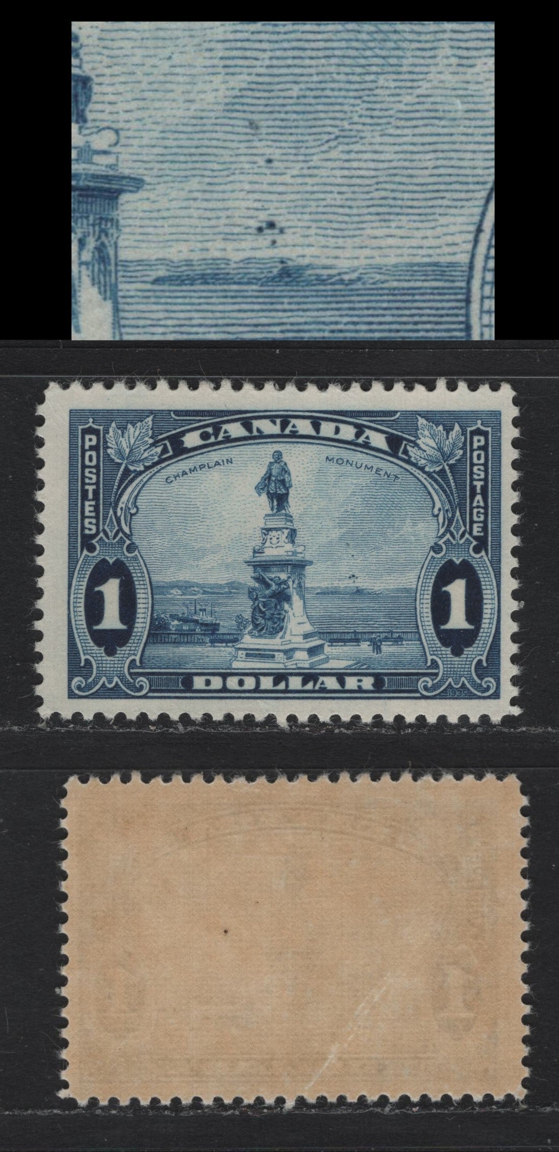 Lot 279 Canada SC#227var' 1 Deep Blue Champlain Monument, 1935-1937 Dated Die Issue, A Fine NH Single With Unlisted "Flock Of Birds" Variety, CBN-RRR Paper, Light Diagonal Gum Crease