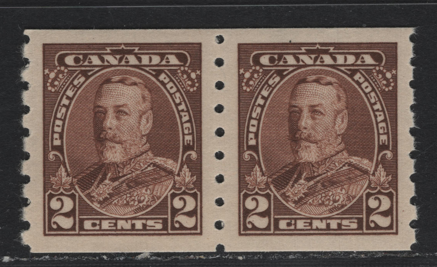 Lot 283 Canada (C)  SC#229 2c Brown King George V, 1935-1937 Dated Die Issue, A VFNH Coil Pair On CBN-G Paper, Small Coloured Mark On Gum Of 1 Stamp