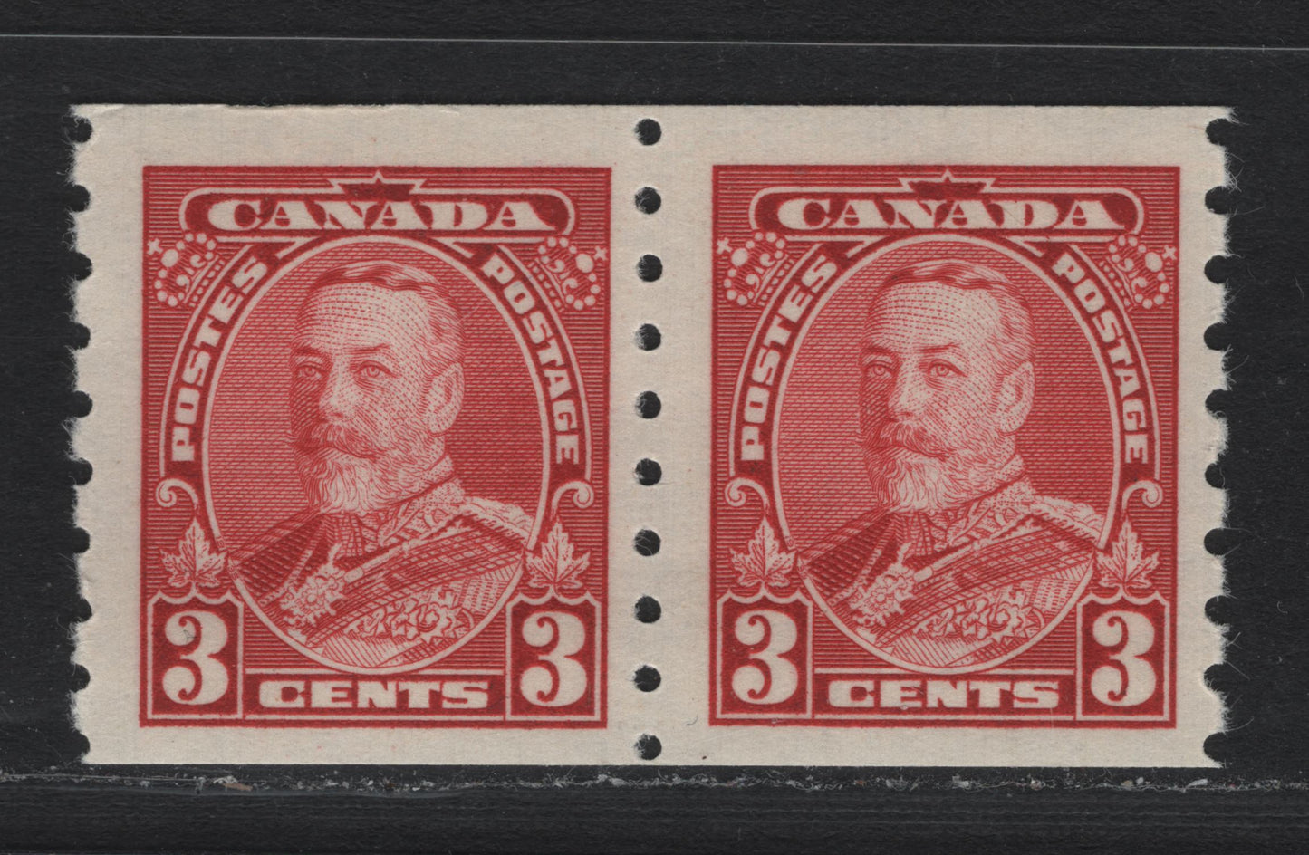 Lot 285 Canada (C)  SC#230 3c Carmine King George V, 1935-1937 Dated Die Issue, A Fine NH Coil Pair On CBN-EEEE Paper