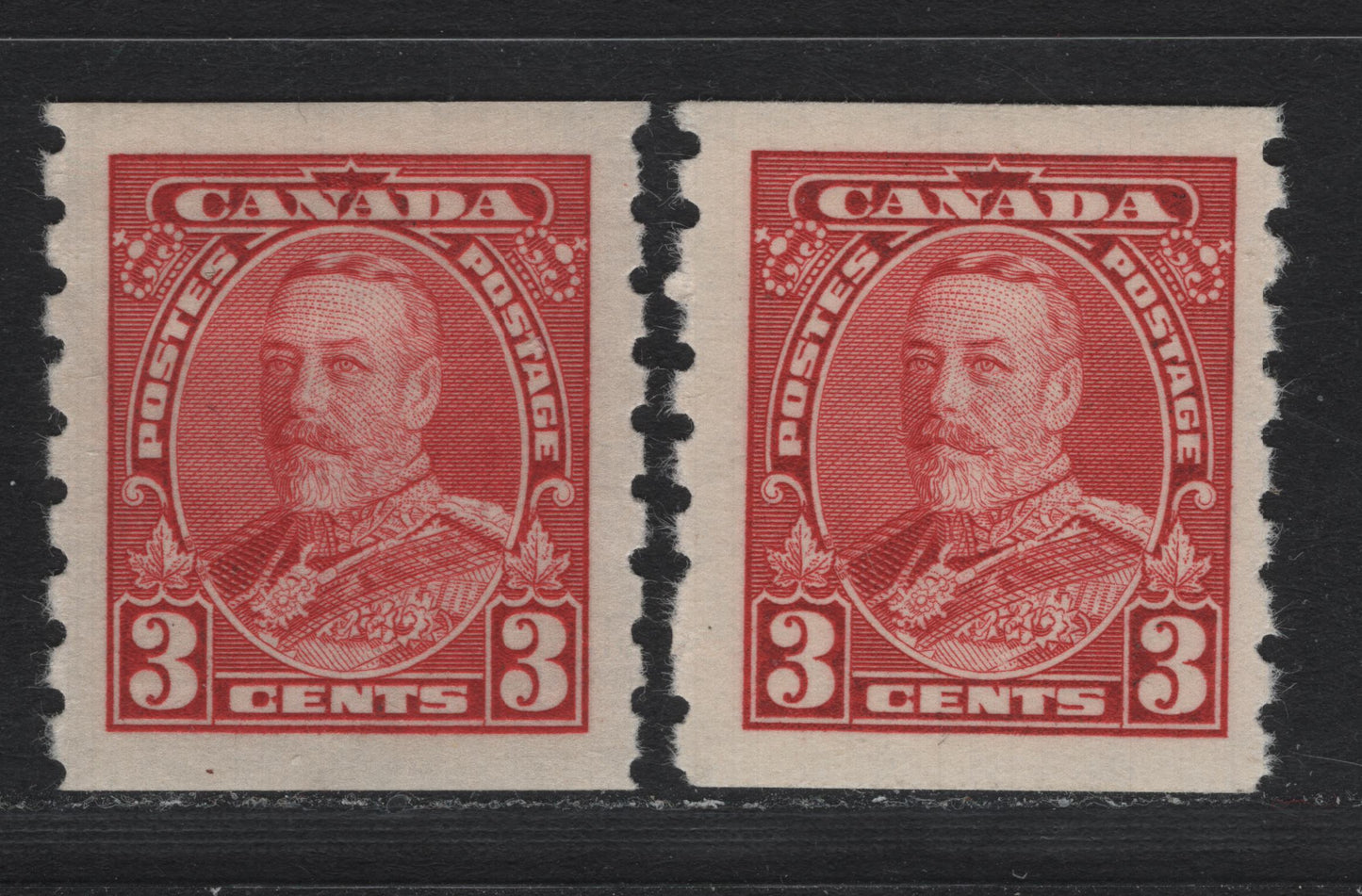 Lot 286 Canada SC#230 3c Carmine King George V, 1935-1937 Dated Die Issue, 2 VFOG Singles Ob CBN-CCCC and CBN-EEEE Paper