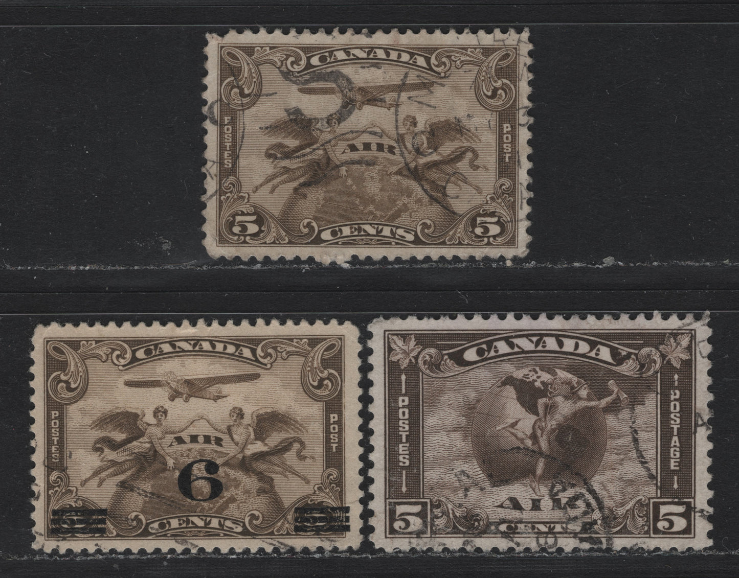 Lot 289 Canada #C1-C3 5c - 6c on 5c Brown Olive - Olive Brown, 1928-132 Airmail Issue, 3 Very Fine Used Singles