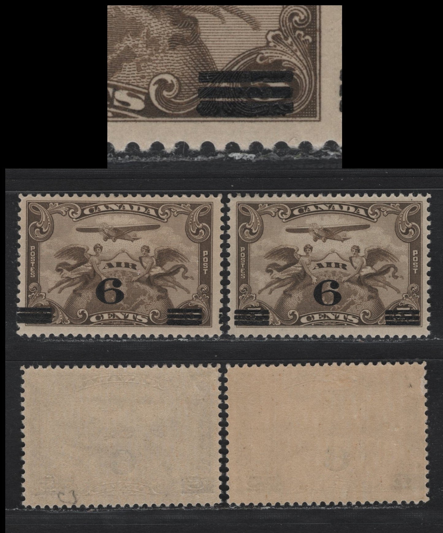 Lot 294 Canada #C3 6c on 5c Olive Brown - Deep Olive Brown, 1932 Airmail Issue, 2 VFOG Singles, Lighter Shade Showing Leftward Shift Of The Surcharge So That Parts Of The Adjacent Stamp's Surcharge Appear In The Right Margin