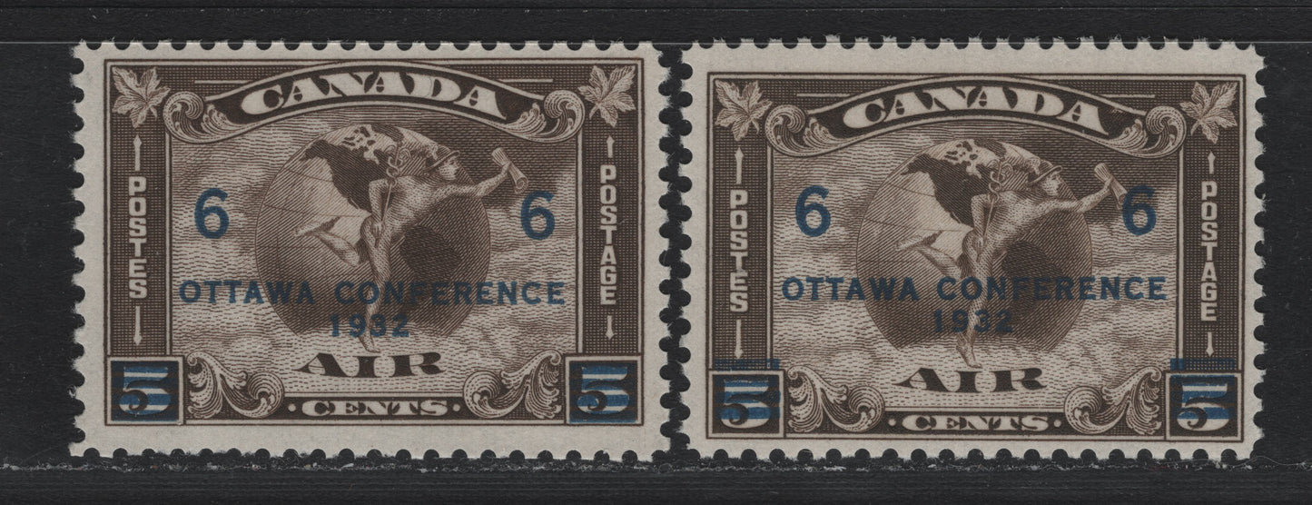 Lot 295 Canada #C4 6c on 5c Deep Olive Brown -Olive Brown, 1932 Airmail Issue, 2 FNH Singles, BABN-V Papers