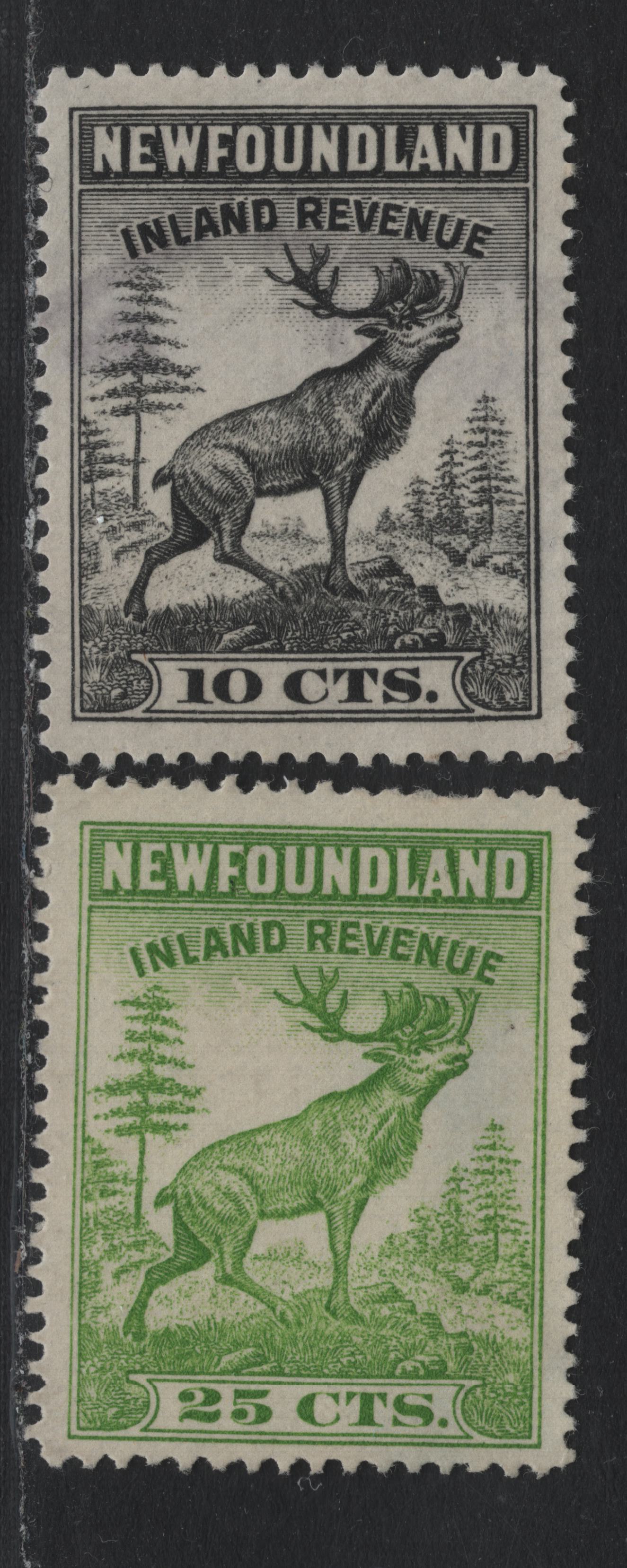Lot 30 Newfoundland Van Dam#NFR27-28 10c - 25c Black - Green, 1938 Caribou Issue, 2 Fine/Very Fine Used Singles, Perkins Bacon Printing, Perf 13.75