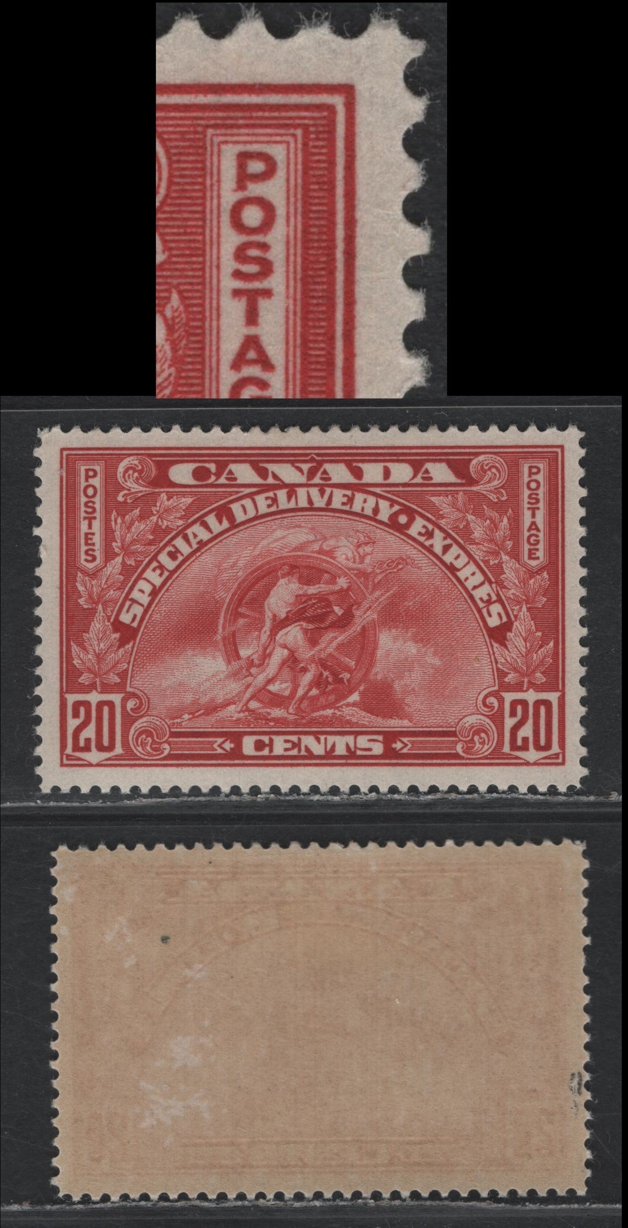 Lot 311 Canada #E6 20c Carmine Red, 1935 Special Delivery Issue, A VFOG Single, Vertical Wove With Very Light Horiz Ribbinb On The Gum Side, Streaky Yellowish Cream Semi Glossy Gum Showing Spur At Base Of 'P' of Postage