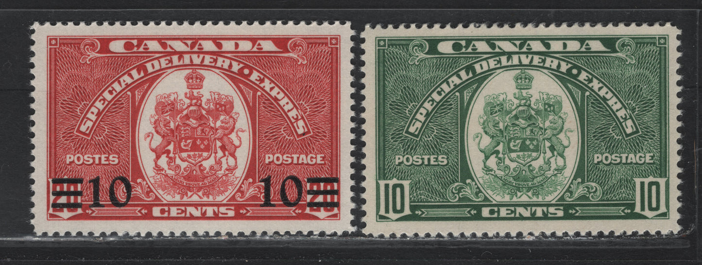 Lot 313 Canada (C) #E7, E9 10c - 20c Green - Carmine Red, 1939 Special Delivery Issue, 2 VFNH Singles, CBN-II (10c) & CBN-LL (20c) Papers