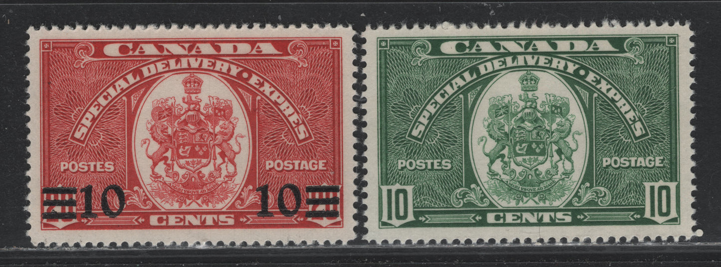 Lot 314 Canada #E7, E9 10c - 10c on 20c Green - Carmine Red, 1939 Special Delivery Issue, 2 VFOG Singles, CBN-LL Papers