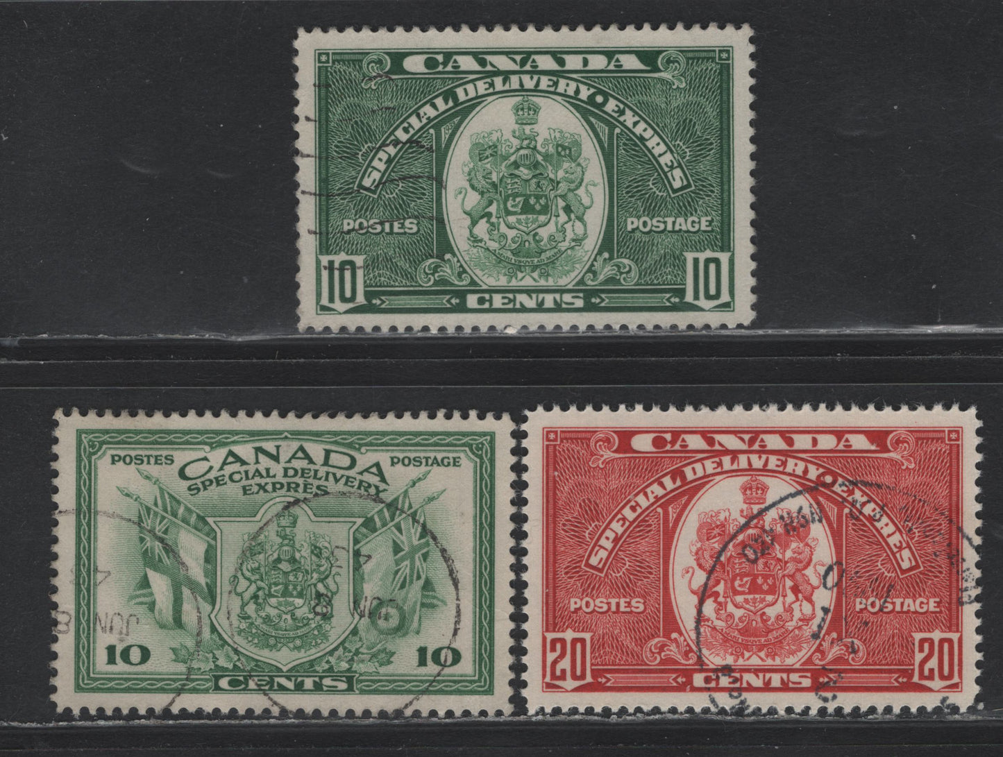 Lot 315 Canada #E7-E8, E10 10c - 20c Green - Carmine Red, 1939-1942 Special Delivery Issues, 3 Very Fine Used Singles, Unchecked As To Specific Paper Type