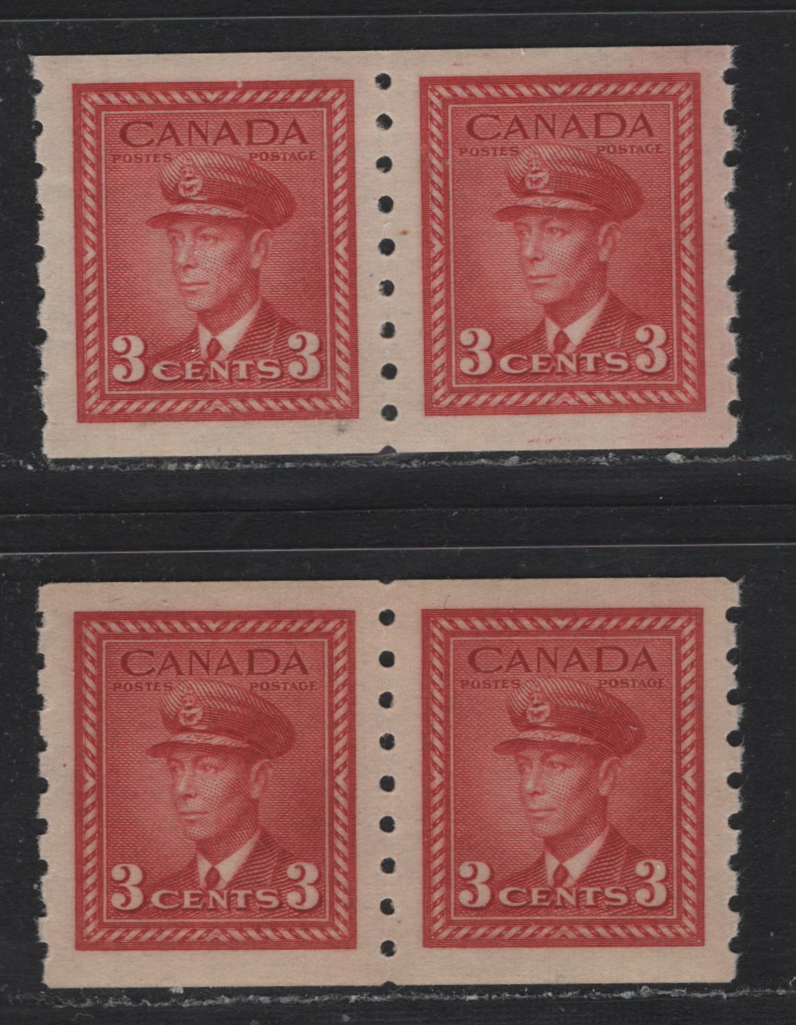 Lot 328 Canada #265 3c Carmine, 1942-1943 KGV War Issue Coils, 2 VFNH Coil Pairs, CBN-MMMMMM & CBN-NNNNNN Papers