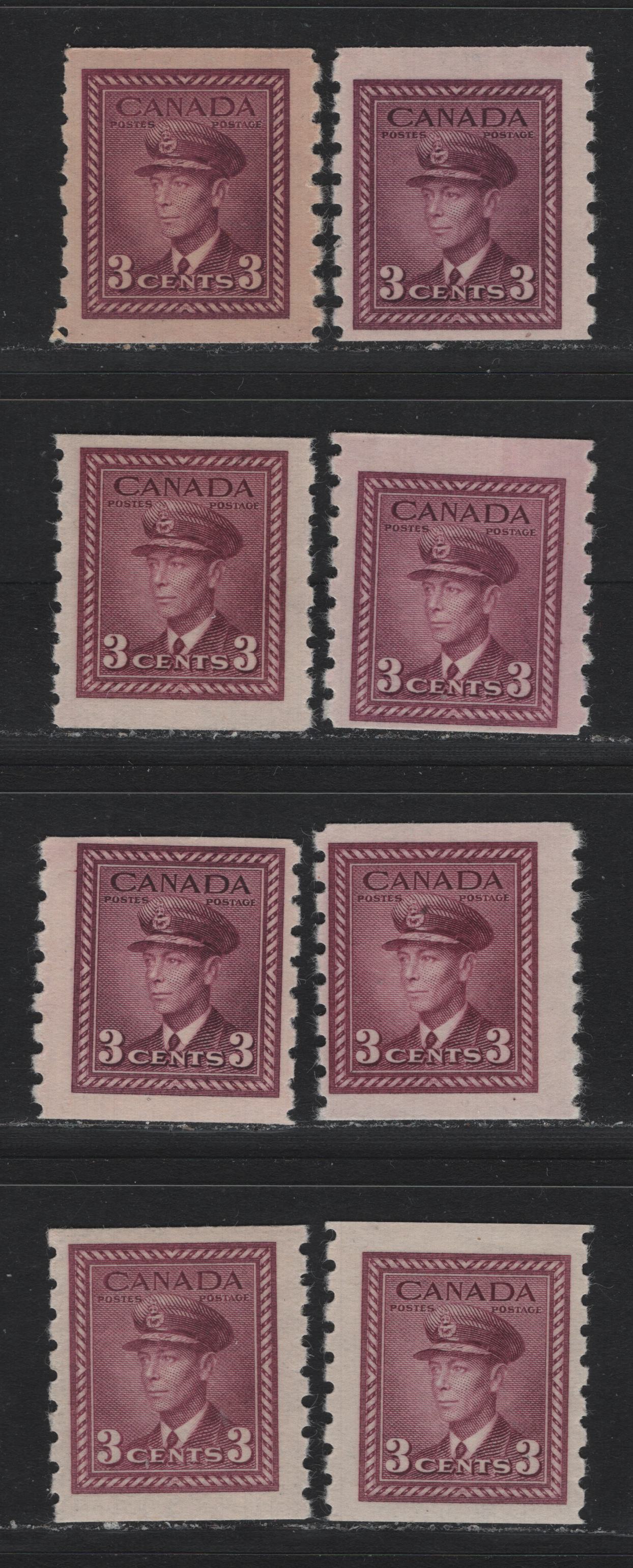 Lot 332 Canada #266 3c Rosy Purple, 1942-1943 KGV War Issue Coils, 8 FNH Coil Singles, CBN-MMMMMM, CBN-NNNNNN, CBN-OOOOOO & CBN-WW Papers, Shades Include Rosy Purple, Milky Rose Purple & Rosy Plum