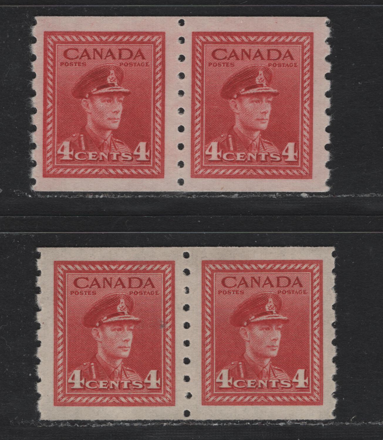 Lot 334 Canada (C) #267 4c Carmine - Carmine Red, 1942-1943 KGV War Issue Coils, 2 F/VFNH Coil Pairs, CBN-WW & CBN-QQQQQQ Papers, Perf 8 Vertical