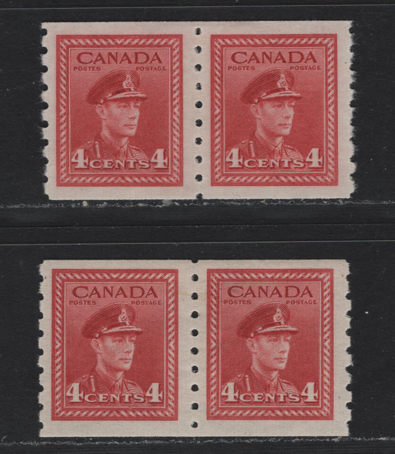 Lot 335 Canada (C) #267 4c Soft Carmine Red - Carmine, 1942-1943 KGV War Issue Coils, 2 F/VFOG Coil Pairs, CBN-QQQQQQ & CBN-WW Papers, Perf 8 Vertical
