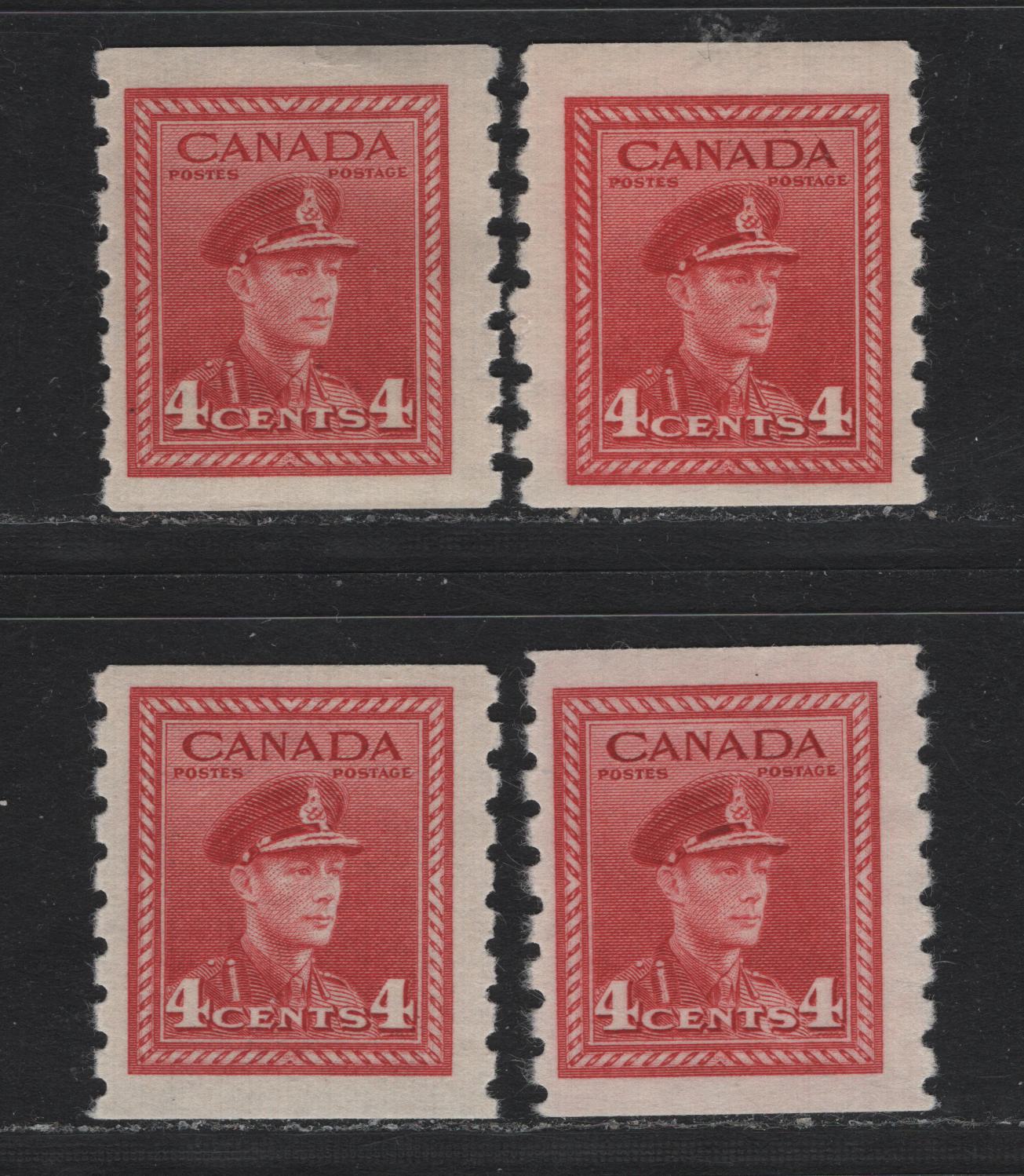 Lot 336 Canada #267 4c Carmine Red - Dull Carmine, 1942-1943 KGV War Issue Coils, 4 FNH Coil Singles, CBN-WW & CBN-QQQQQQ Papers, Perf 8 Vertical