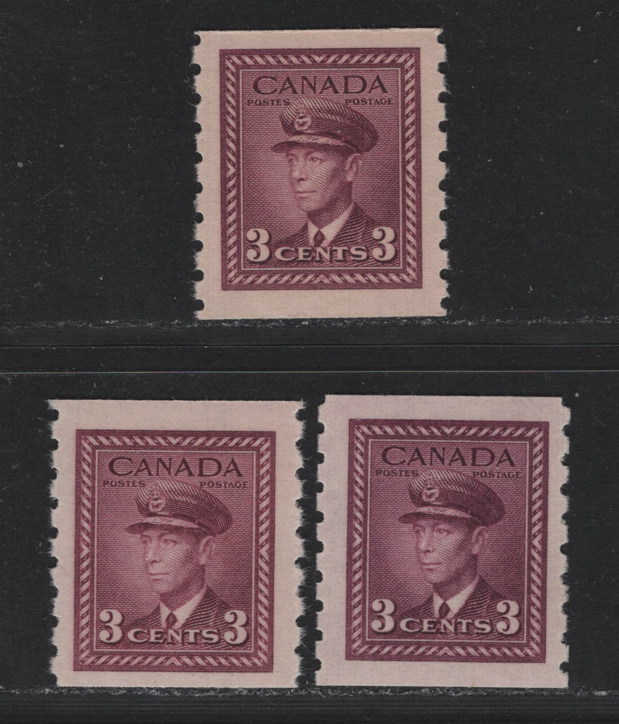 Lot 339 (C) Canada #266 3c, 1942-1943 King George VI War Issue, 3 F&VF NH Coil Singles Rpsy Purple On CBN-QQQQQQ, Plum & Rosy Purple On CBN-WW, Perf 8 Vertically