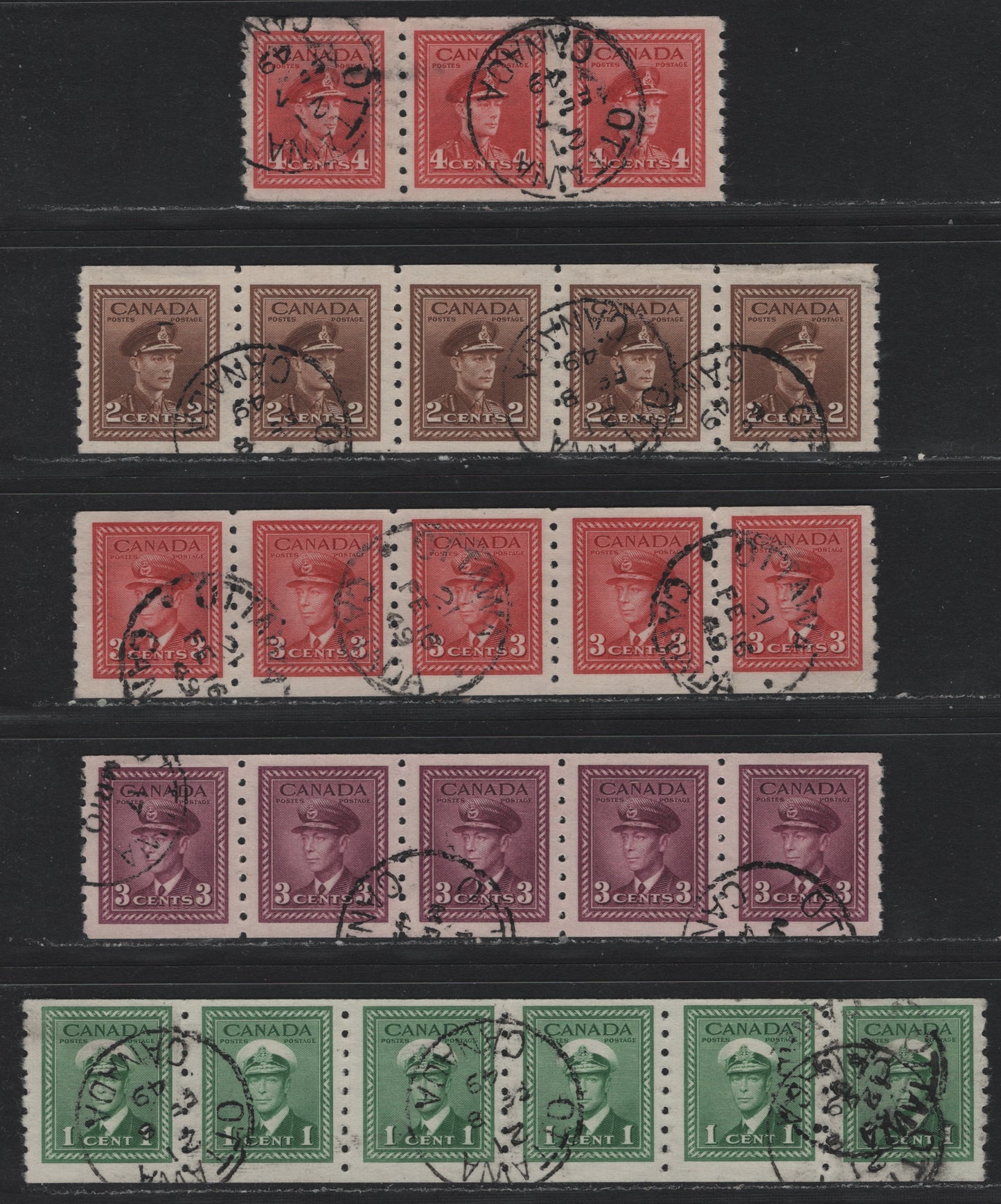Lot 340 (C) Canada #263-267 1c Green-4c Carmine, 1942-1943 King George VI War Issue, 5 F&VF Used Coil Strips All With Feb 1949 Ottawa CDS Cancels. 1c,2c,3c Carmine On CBN-NNNNNN Paper, 3c Rose Violet & 4c On CBN-QQQQQQ