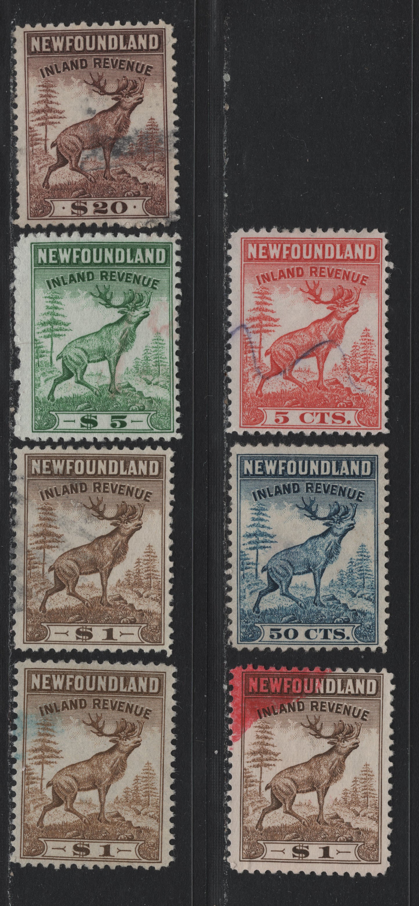 Lot 34 Newfoundland (C) Van Dam#NFR36, NFR39-40, NFR42-43 5c - $20 Red - Brown, 1942 Caribou Issue, 7 Fine/Very Fine Used Singles, Bradbury Wilkinson Printing, Includes 3 Shades Of $1