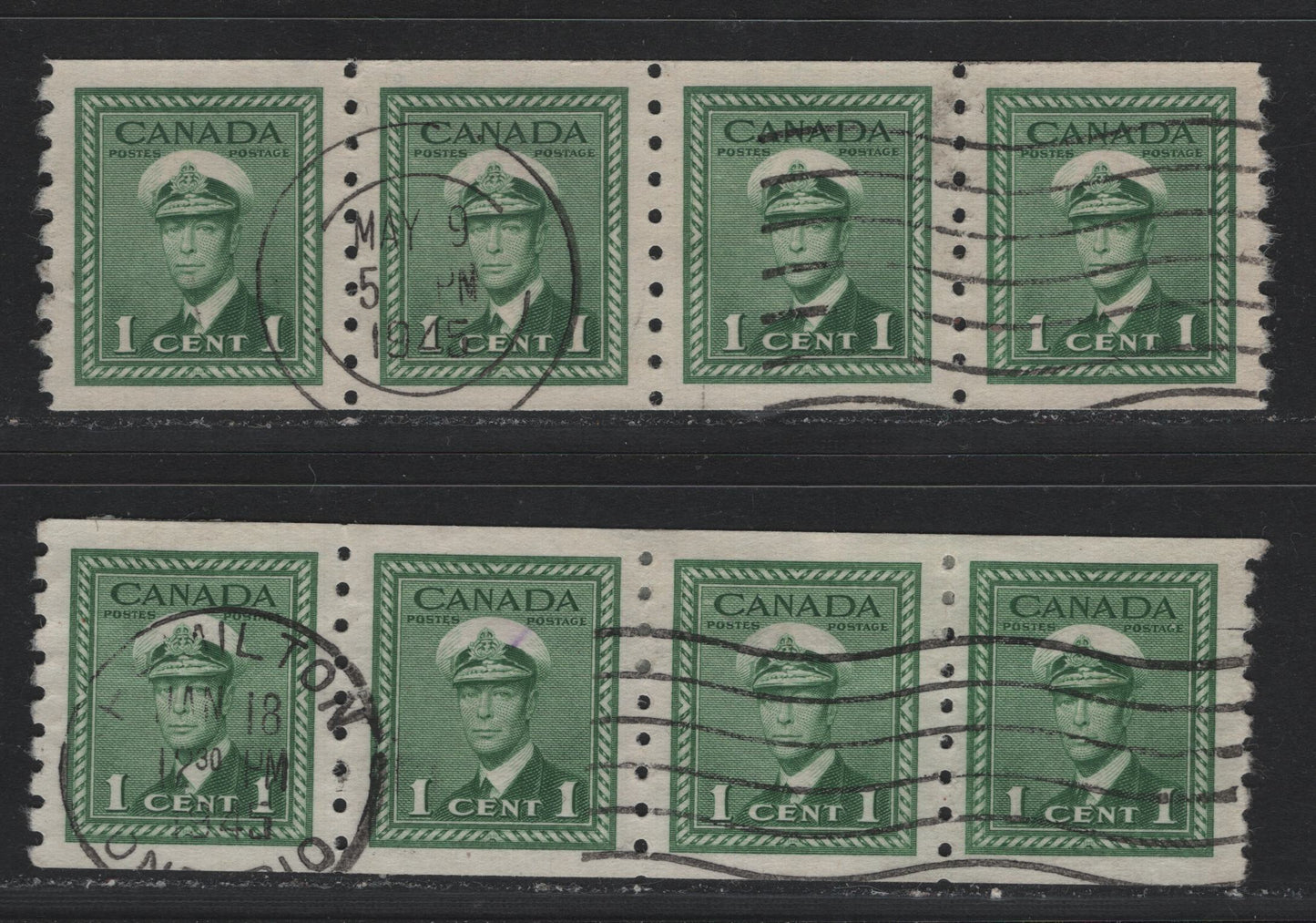 Lot 341 Canada #263, 263i 1c Green, 1942-1943 King George VI War Issue, 2 VF Used Coil Strip & Narrow Spacing Jumbo Coil Strip Of 4 On CBN-QQQQQQ Paper Or Possibly CBN-MMMMMM