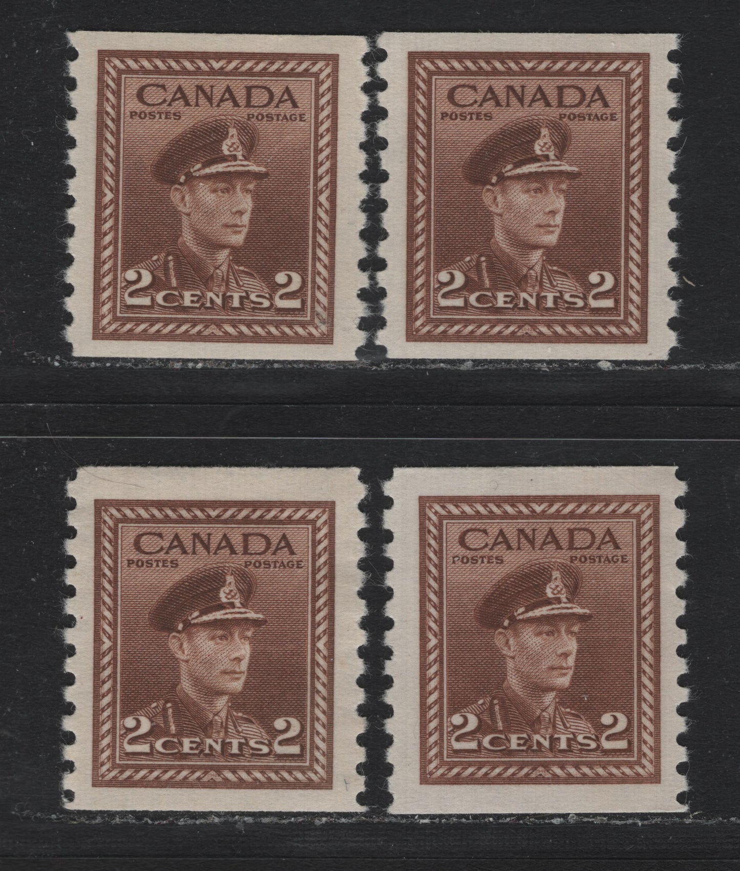 Lot 351 Canada #279 2c Brown & Bright Brown, 1948 King George VI War Issue, 4 VFOG Coil Singles Perf 9.5 Vertically On CBN-RRRRRR Paper. Both Normal Height & Short Stamps