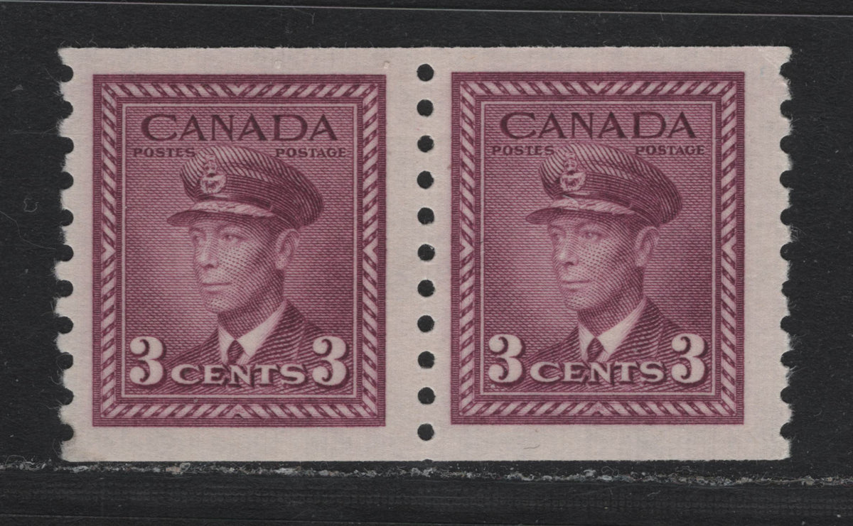Lot 100 Canada #280 3c Rosy Purple, 1948 King George VI War Issue, A FOG Coil Pair Perf 9.5 Vertically On CBN-RRRRRR Paper