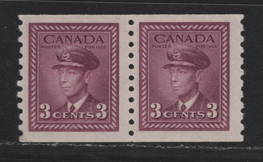 Lot 100 Canada #280 3c Rosy Purple, 1948 King George VI War Issue, A FOG Coil Pair Perf 9.5 Vertically On CBN-RRRRRR Paper