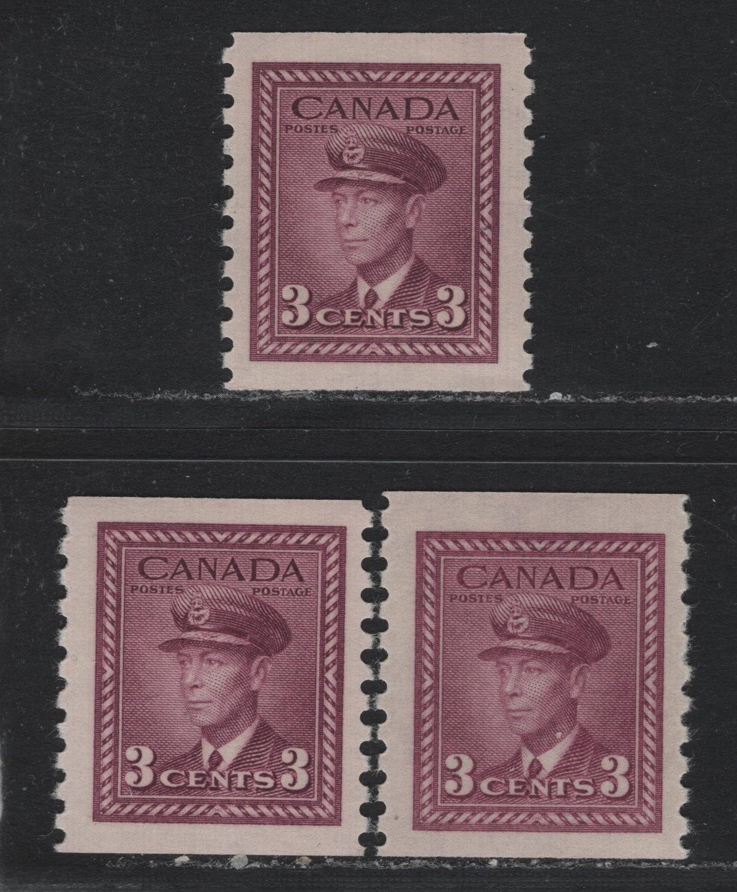 Lot 355 (C) Canada #280 3c Rosy Purple, Rosy Plum & Milky Rose Purple, 1948 King George VI War Issue, 3 VFNH Coil Singles On CBN-RRRRRR Paper