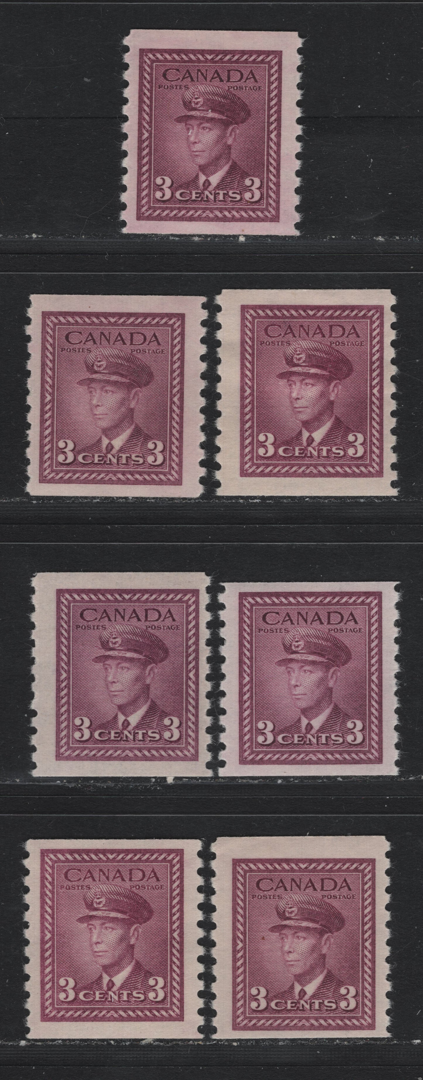 Lot 357 Canada #280 3c, 1948 King George VI War Issue, 7 FOG Coil Singles Various Shades And Paper Types As Described