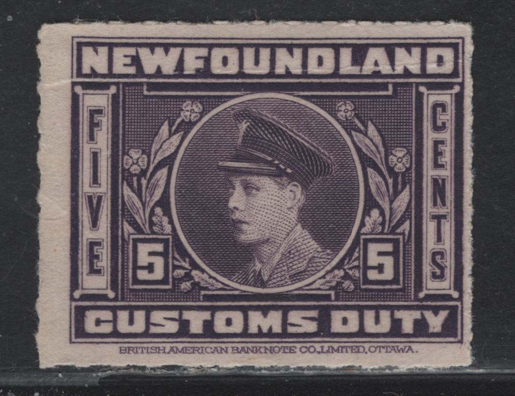 Lot 36 Newfoundland Van Dam#VFC3 5c Violet, 1925 Customs Duty Issue, A GNH Single, Rouletted 7, Fine Appearance But Heavy Horizontal Crease