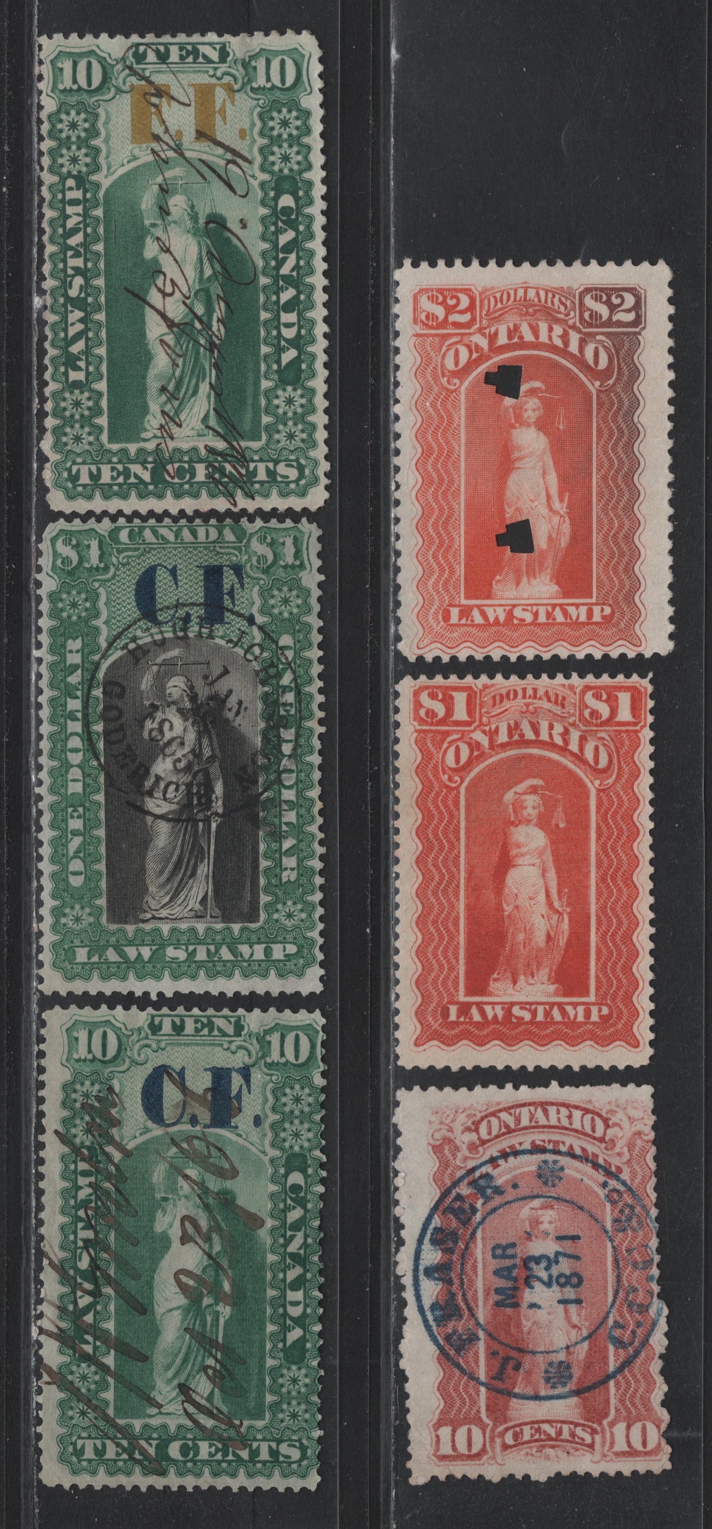 Lot 40 Canada - Ontario Van Dam#OL2, OL11, OL17, OL47, LO57-58 10c - $2 Green - Orange Vermillion, 1864-1911 Law Stamp Issues, 5 Fine Used Singles