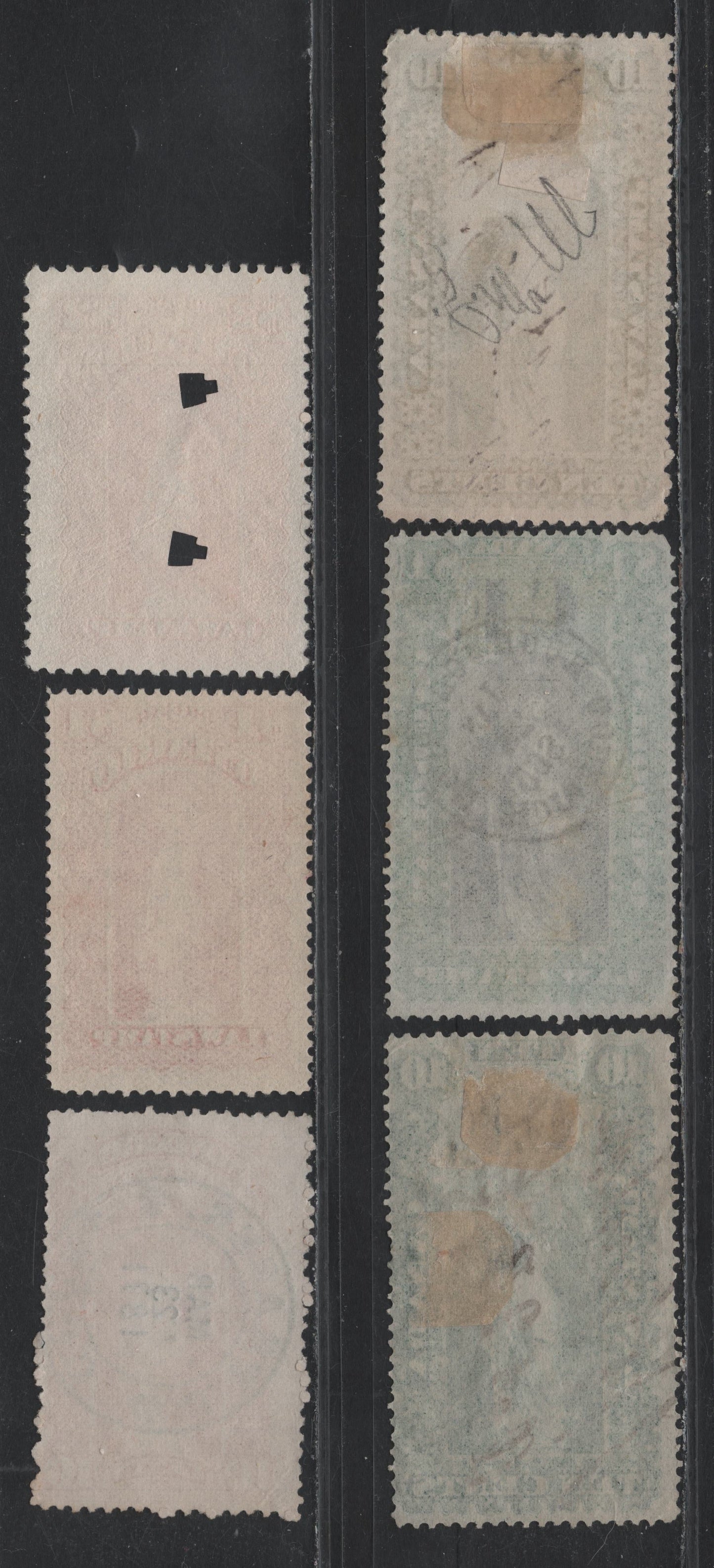 Lot 40 Canada - Ontario Van Dam#OL2, OL11, OL17, OL47, LO57-58 10c - $2 Green - Orange Vermillion, 1864-1911 Law Stamp Issues, 5 Fine Used Singles