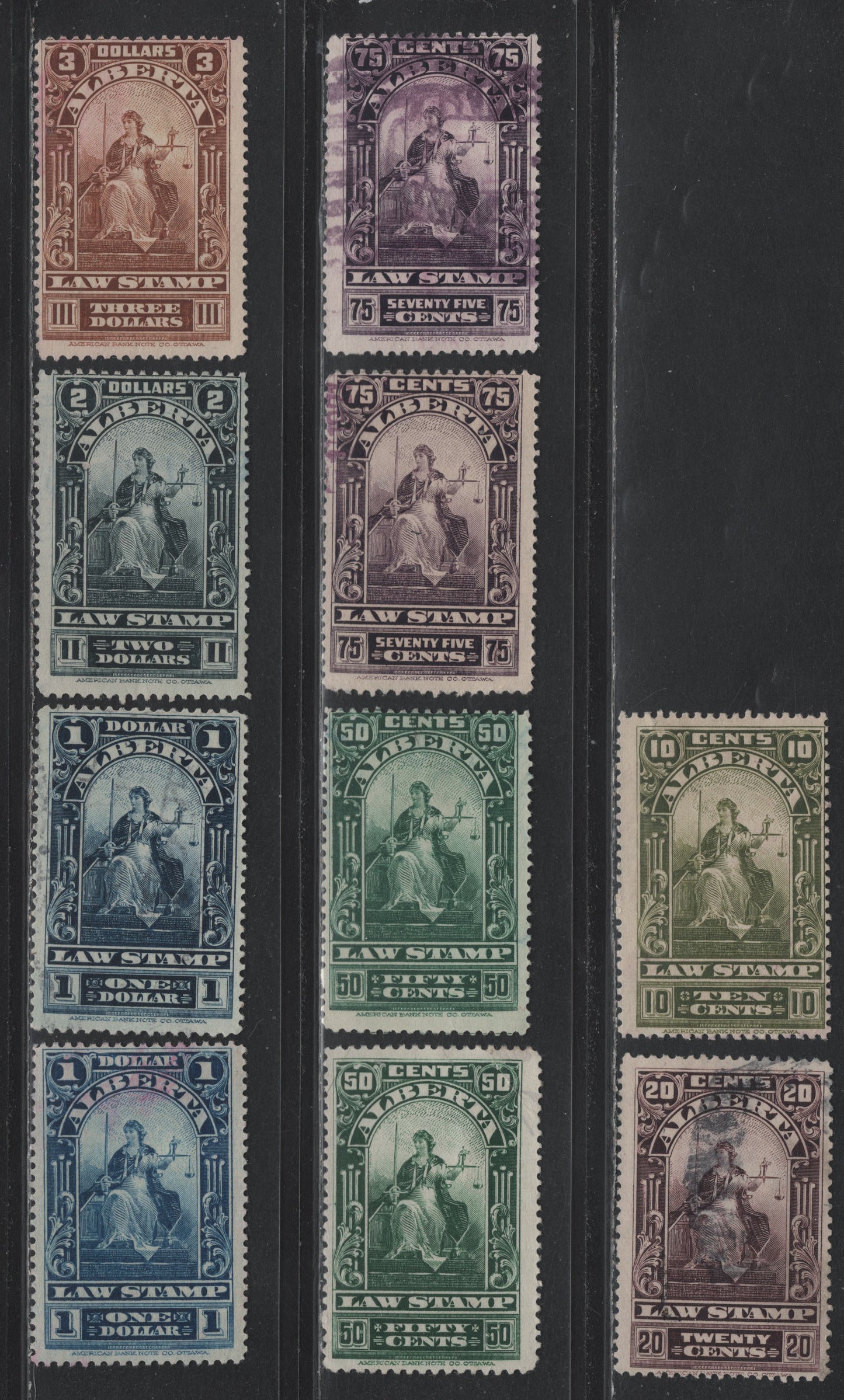 Lot 4 Canada - Alberta (C) Van Dam#AL28-AL29, AL31-AL35 10c - $3 Olive Green - Brown, 1910-1930 Justice Seated Law Issue, 10 Fine Used Singles, Including 2 Shades Each Of 50c, 75c & $1, One 75c With A Small Crease At UR, Province Of Alberta.