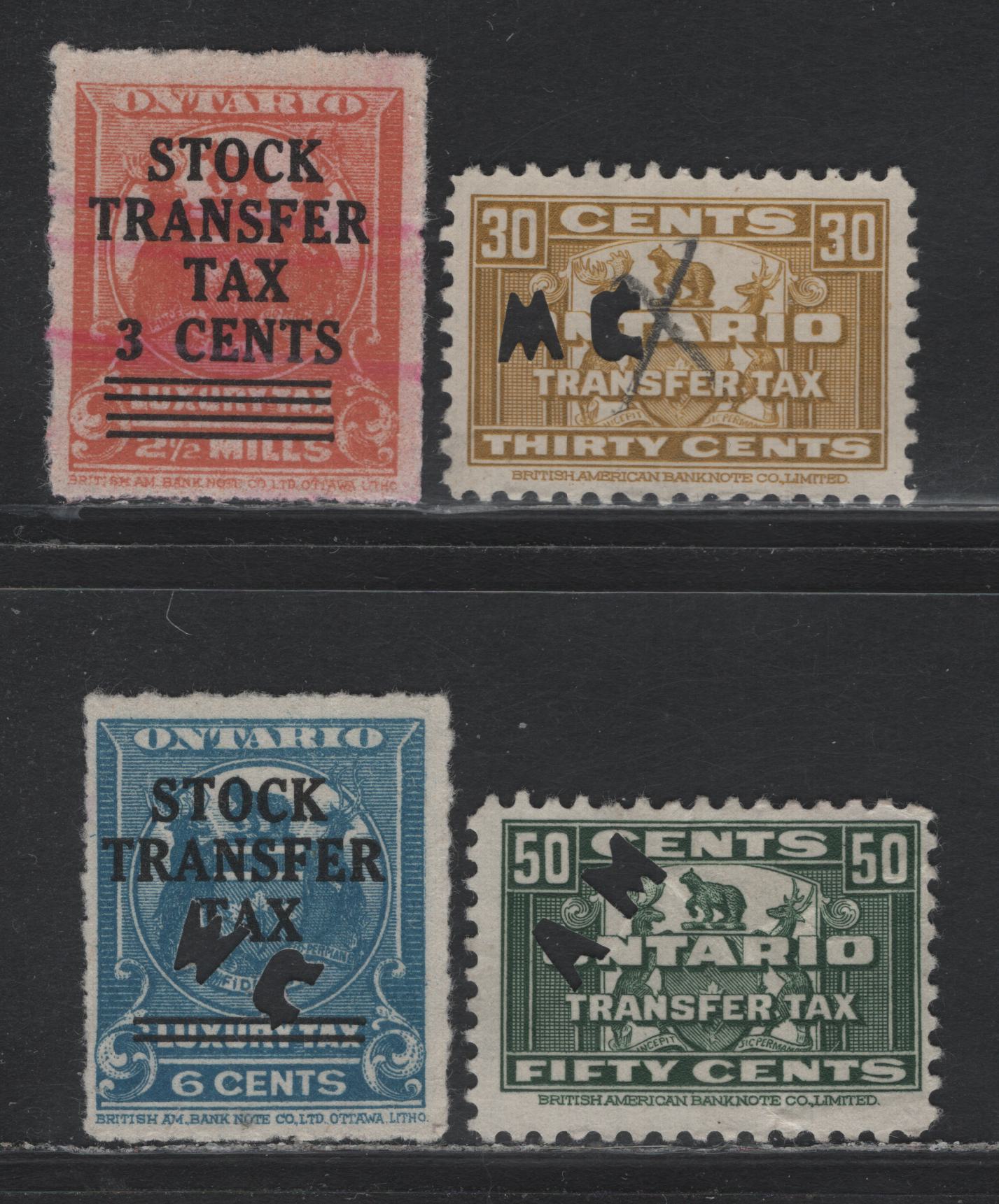 Lot 42 Canada - Ontario Van Dam#OST16-OST17, OST24-25 6c - 30c Blue - Orange, 1926-1935 Ontario Luxury Tax Issue, 4 Fine/Very Fine Used Singles