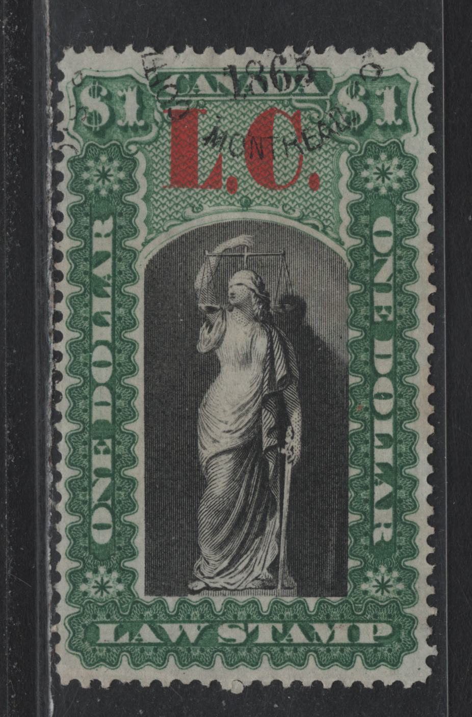 Lot 45 Canada - Quebec Van Dam#QL10 $1 Green, Black & Scarlet, 1864 Law Issue, A Very Fine Used Single, Dated 1865 Cancel