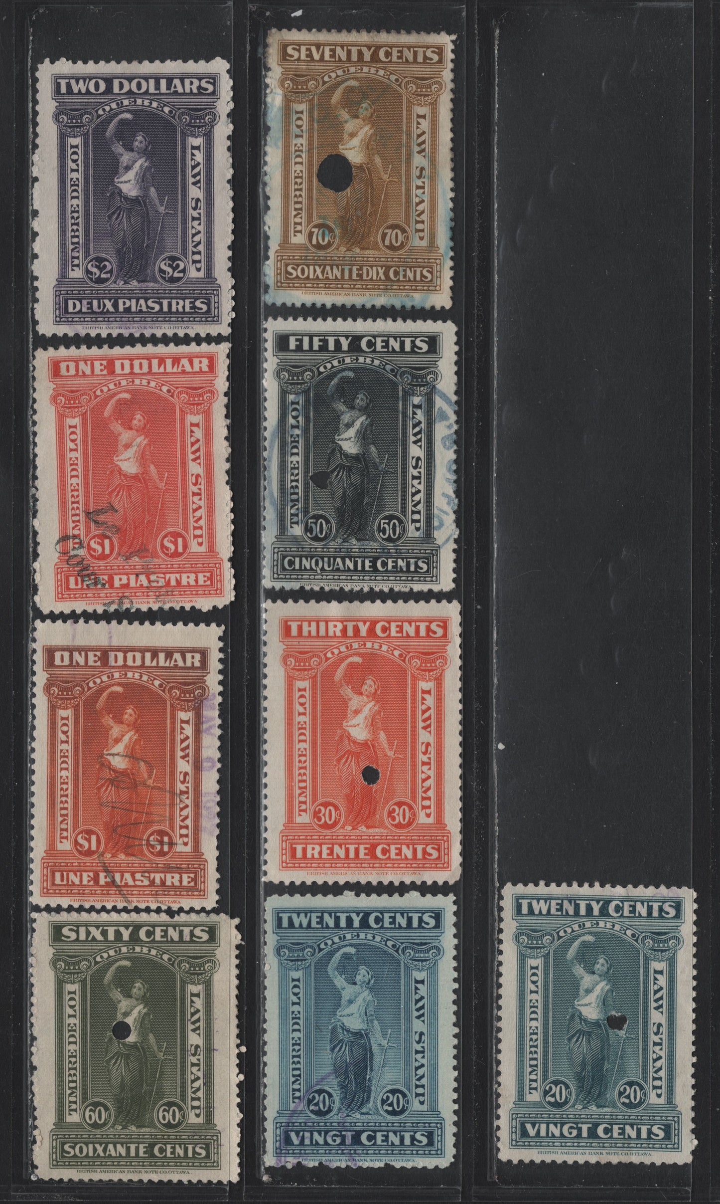 Lot 49 Canada - Quebec Van Dam#QL57-58, QL60-62, OL65-a, QL66 20c - $2 Blue - Purple, 1912 Law Stamp Issue, 8 Fine/Very Fine Used Singles