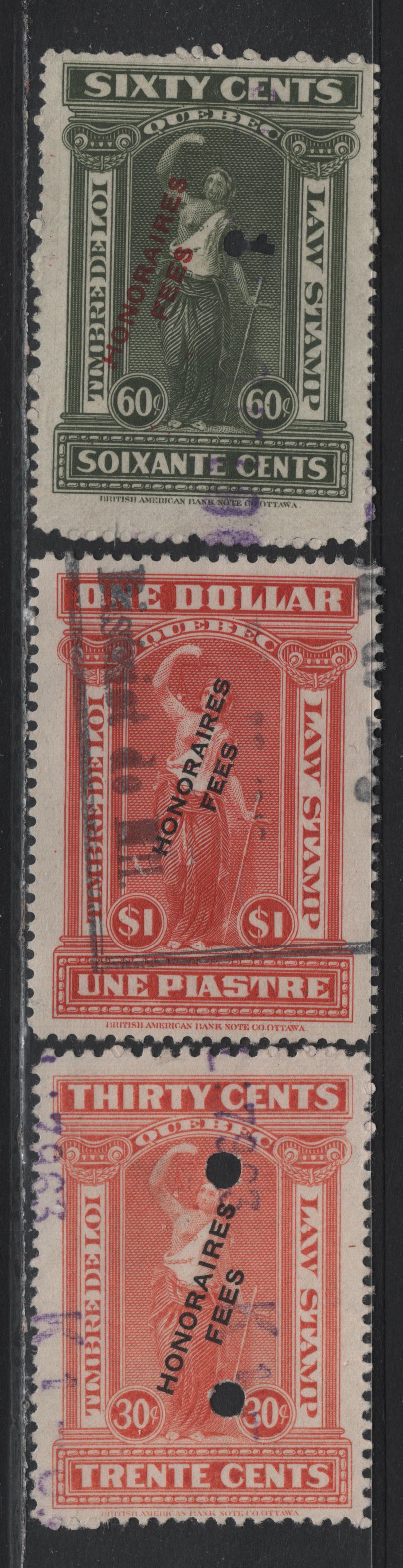 Lot 50 Canada - Quebec Van Dam#QL75, QL78, QL82 30c - $1 Vermillion - Scarlet, 1923 Honorares Fees Overprinted Issue, 3 Fine/Very Fine Used Singles, Perfs 11 & 12