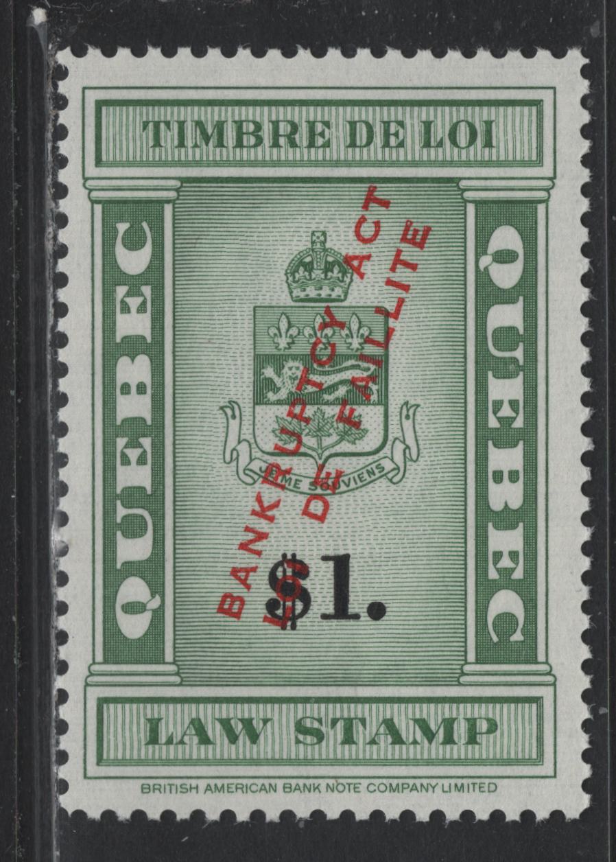Lot 51 Canada - Quebec Van Dam#QL119 $1 Green & Black, 1969 Coat of Arms Revenue Issue, A VFNH Single, 1960's Green, Black & Red Cancels