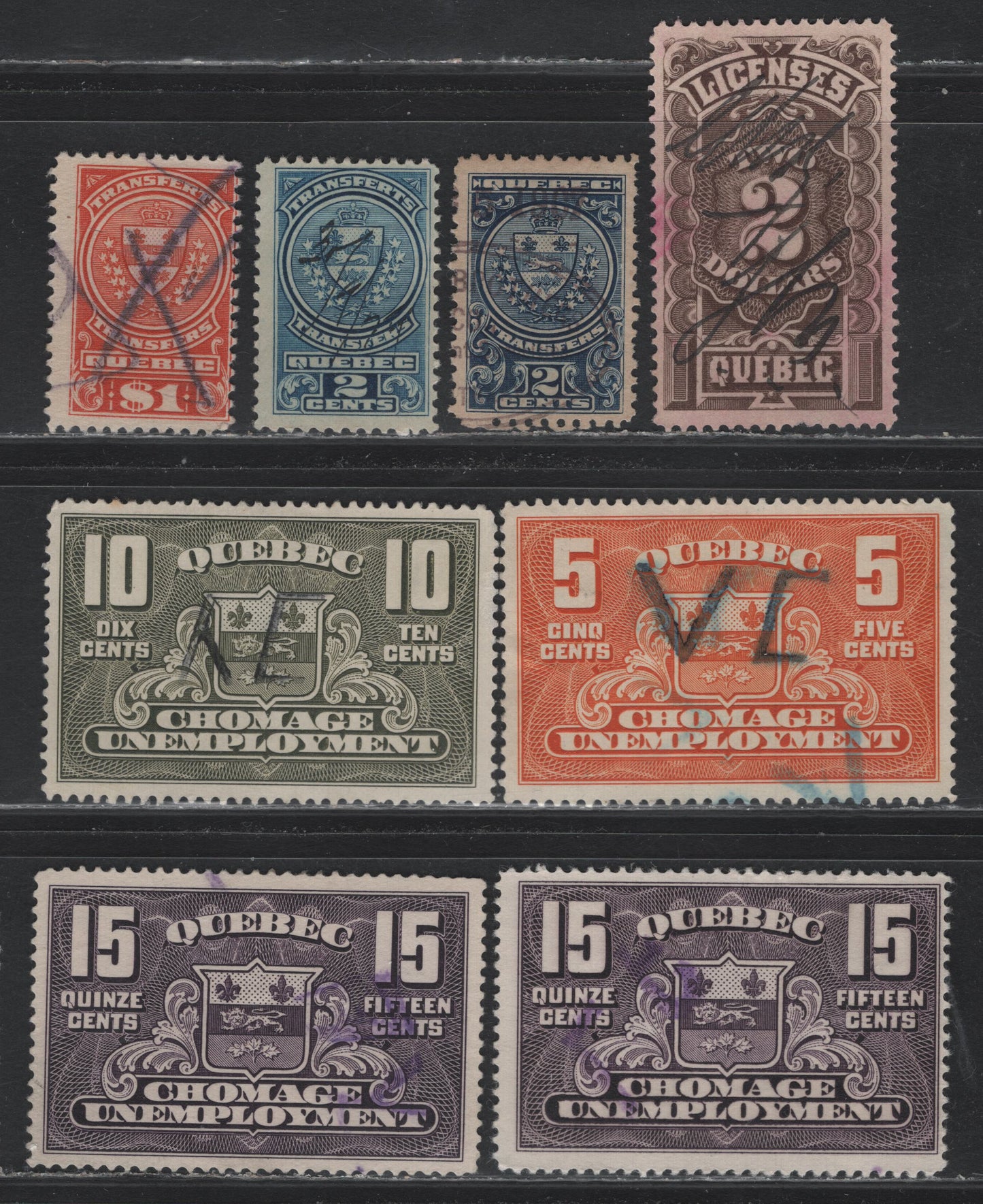 Lot 55 Canada - Quebec (C) Van Dam#QA16, QST1, QST10, QST15, QU1-QU3 $2 -15c Brown - Violet, 1889-1939 Licences - Unemployment Relief Tax Issues, 8 Fine/Very Fine Used Singles, Includes 2 Shades Of 15c